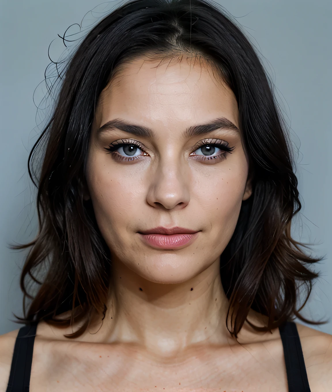 Femme de 40 ans, dark black hair, yeux bleus clairs, visage magnifique, enorme poitrine, Best quality