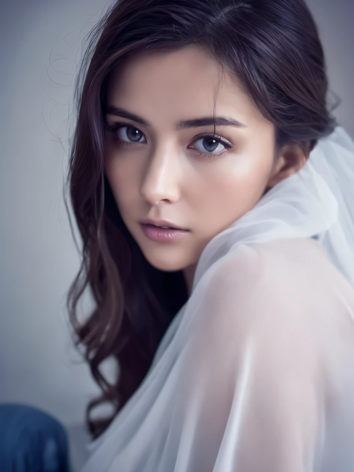 cinematic color, beautiful matanity woman, (best quality, ultra-detailed), feminin lighting, messy hair, wearing see-through white shirt and jeans, delicate features, dreamy atmosphere
