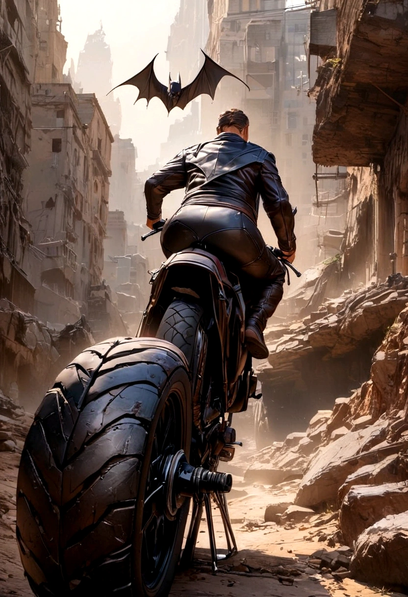 A Batman in a damaged uniform, riding a Bat motorcycle, viewed from behind, preparing to leave, (best quality,4k,8k,highres,masterpiece:1.2),ultra-detailed,(realistic,photorealistic,photo-realistic:1.37),dark brooding atmosphere, gritty realistic style, moody lighting, dynamic pose, intricate details, highly detailed Bat motorcycle, worn and scuffed uniform, intense focused expression
