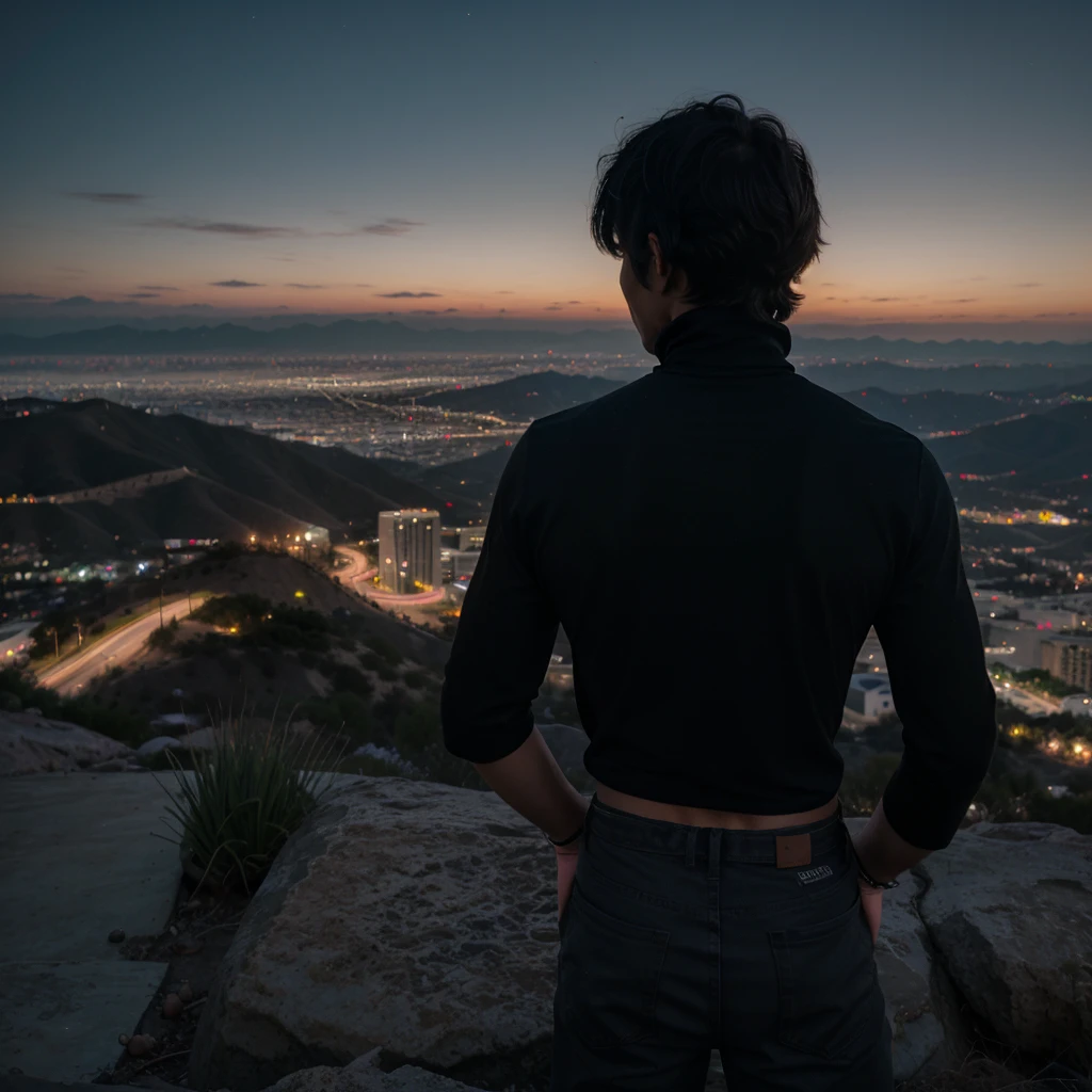 a boy with messy black hair facing his back wearing a black turtleneck on top of the mountain overlooking Los Angeles at night 