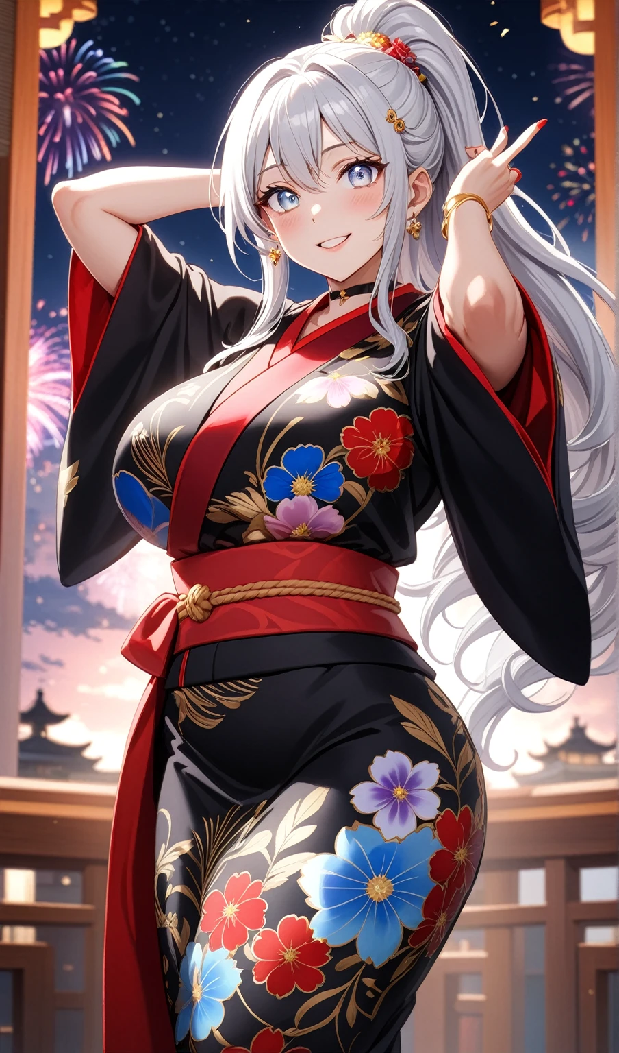 ((one personの女性)), Beautiful Face,((Wink:1.8)),(a woman making a cute hand sign. She is placing both hands on her head, with a playful smile),(Bright red cheeks:1.4),Laughing embarrassedly,Laughing with your mouth open,Glossy pink lips,Lighting on the face,night,night景の見える屋上,Colorful fireworks,((Anime style background)),masterpiece, highest quality, so beautiful, Latest, Complex details, (Pink long nails),(ring),(bracelet),(choker),AI-generated, Complex,High resolution, highest quality, super high quality,3D Images、View your viewers、3D Images,one person,Long white hair,High Ponytail,(blue eyes),Anime woman posing for a photo, ((Fine grain、Silvery white colorful eyes、Shining Eyes:1.2)),(Squint your eyes:1.1),a hyperRealistic , hyperRealistic , Realistic,Anime woman with long and white hair, Smooth anime CG art, A woman in a colorful kimono with gold embroidery, (Black kimono),Red floral pattern,Long flower hair ornament,Big earrings,Mature Body,(Big Breasts:1.2),Tall,Abdominal muscles,Narrow waist,(Zoom in on face:1.1),