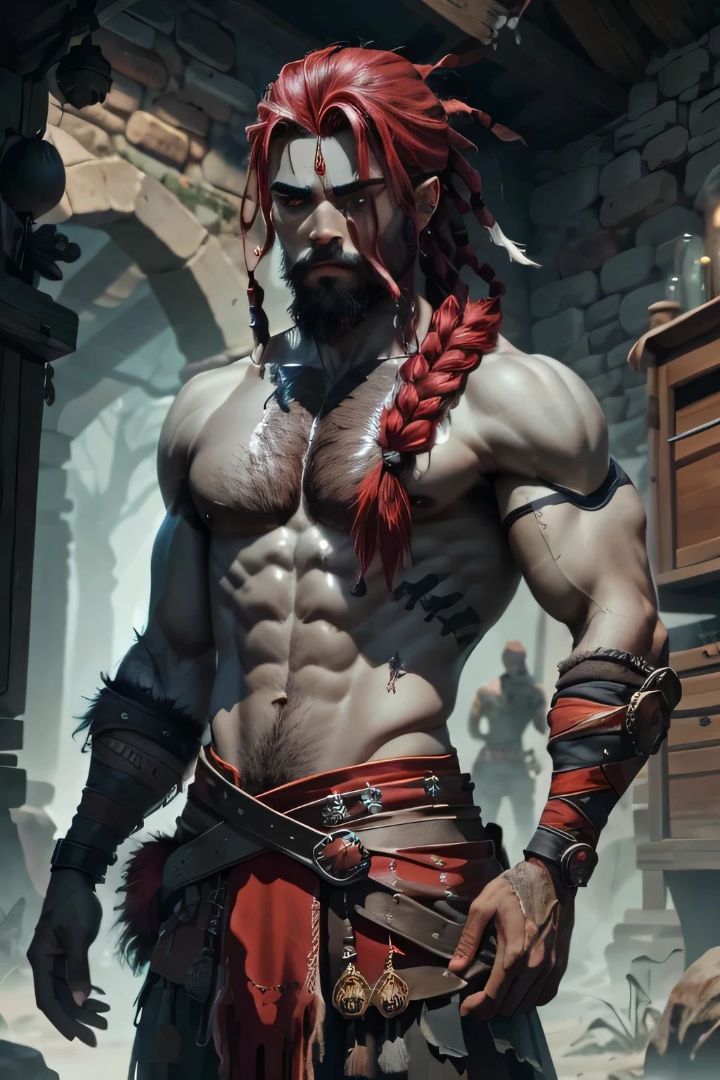 male warrior detaillierter Hintergrund, Komplizierte Details), Fantasy-Thema, Male , warrior , hairy , black hair , hairy body, ded world, medieval, ::grey skin, dark grey skin, dark skin, braided red hair