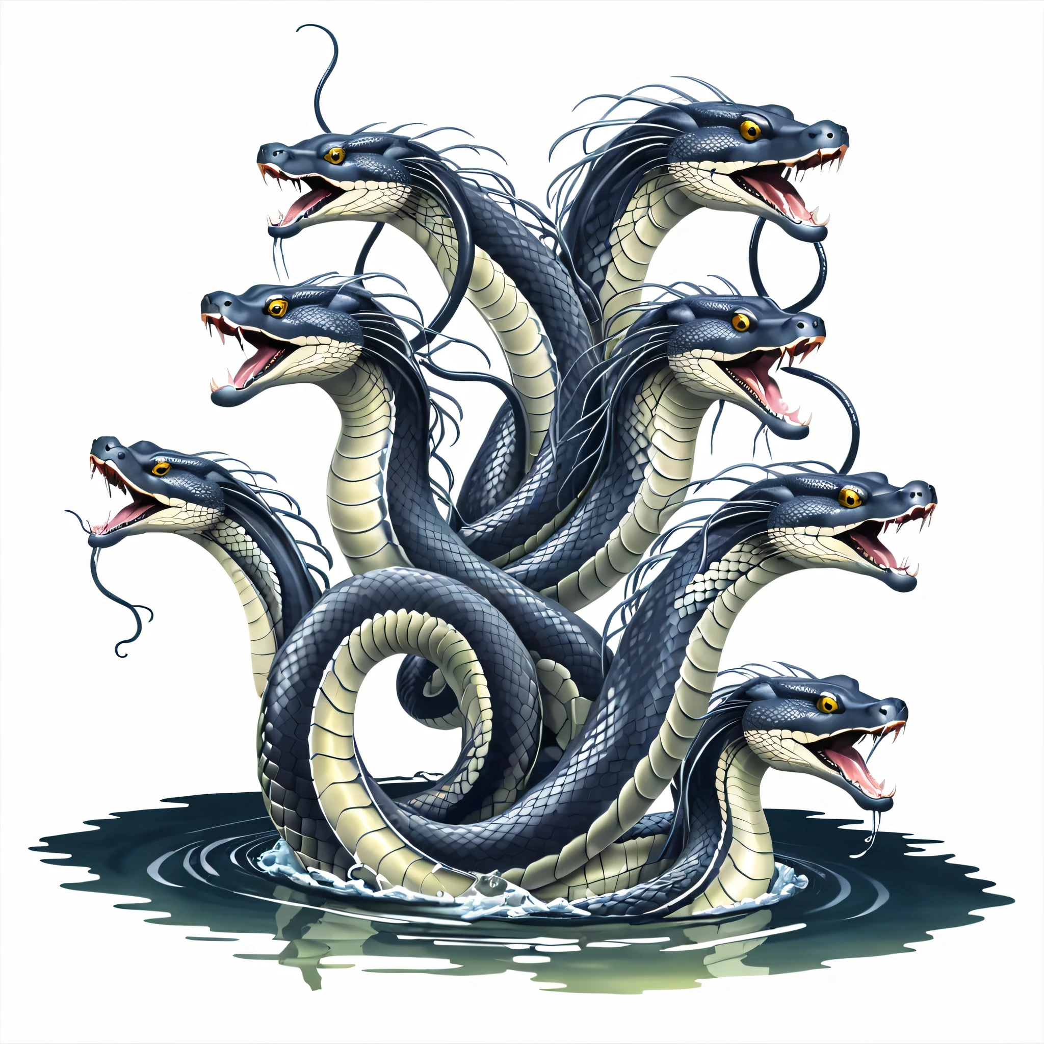 There are two big snakes in the water, Hydra with eight heads, Serpentine, Coiled realistic snake, Hydra 