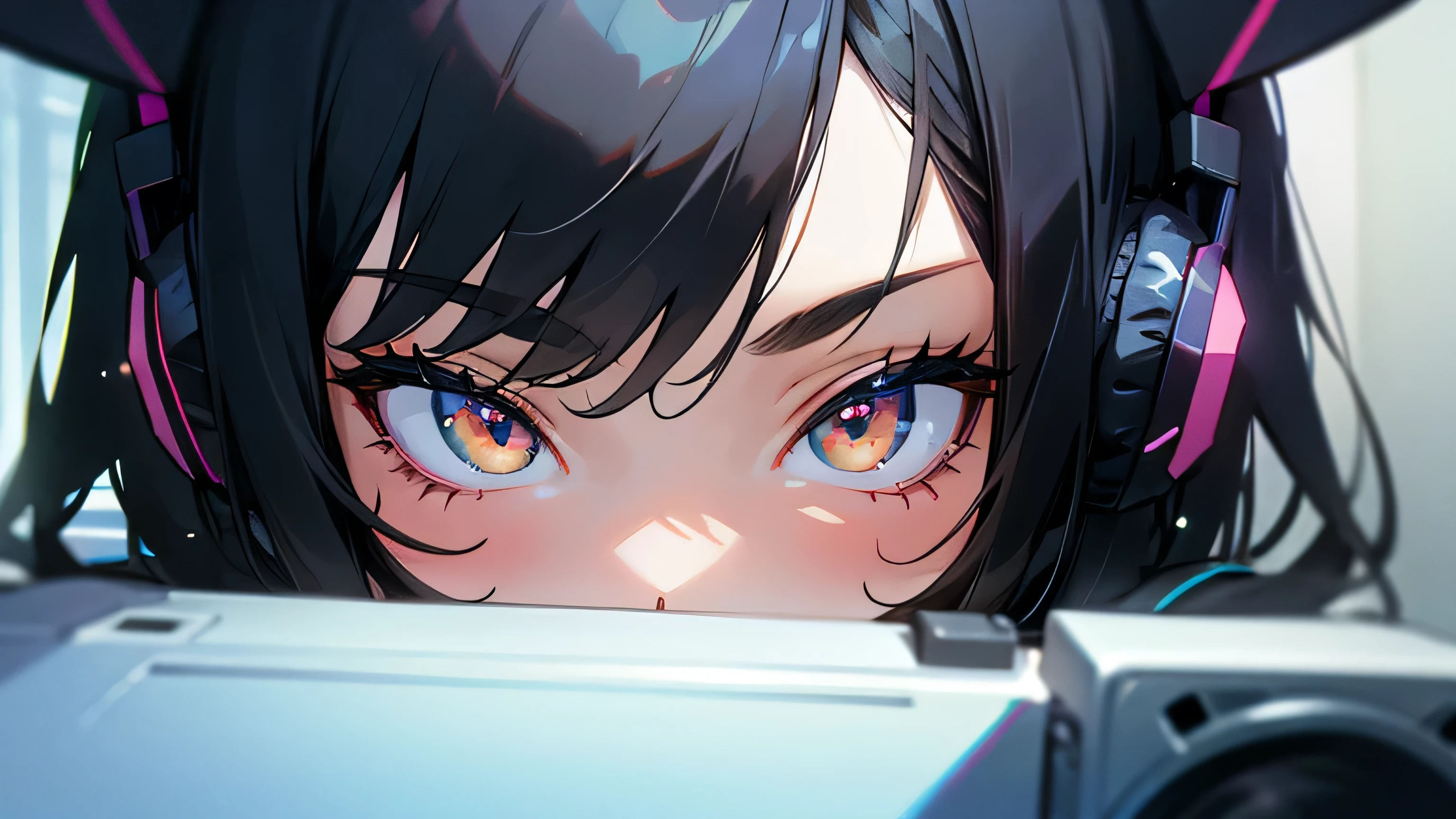 Room with speakers、Cat with headphones、Face close-up、night、Black Hair、