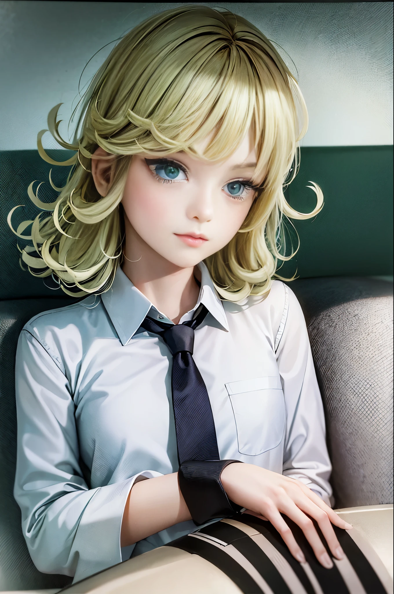 (masterpiece, best quality:1.2), solo, 1girl, tatsumaki, unamused, closed mouth, looking at viewer, hand on own face, sitting, crossed legs, collared shirt, necktie, skirt,green hair, green eyes,big thighs
