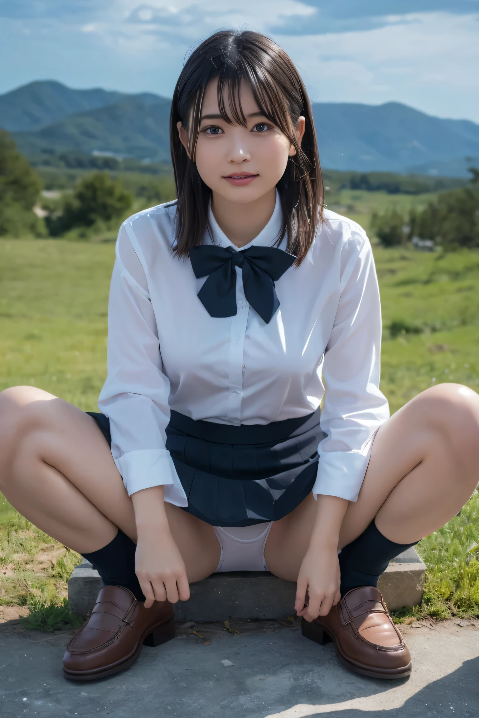 (8k, highest quality, masterpiece: 1.2), (Realistic, photoRealistic: 1.2), sitting, (Panty shot)))), (Spread your legs)))), alone, Beautifully defined skies, night, Wet, Observe your audience, (sit: 1.5), date, future, (Nose brush), smile, Big Breasts, Beautiful Eyes,), (Dark Blonde: 1), (short hair :1.1), Panty shot, Spread your legs, skirt, , White panties, socks, Black Hair, shirt, Blurred, Blurred background, Knee-length, White shirt, loafers, Realistic, Long Hair, lips, Brown eyes, Black socks, tie, Pleated skirt, bow, Headrest, landscape, Outdoor, Brown footwear, masterpiece, highest quality, Very detailed, ((((Panty shot))), (((Spread your legs))),