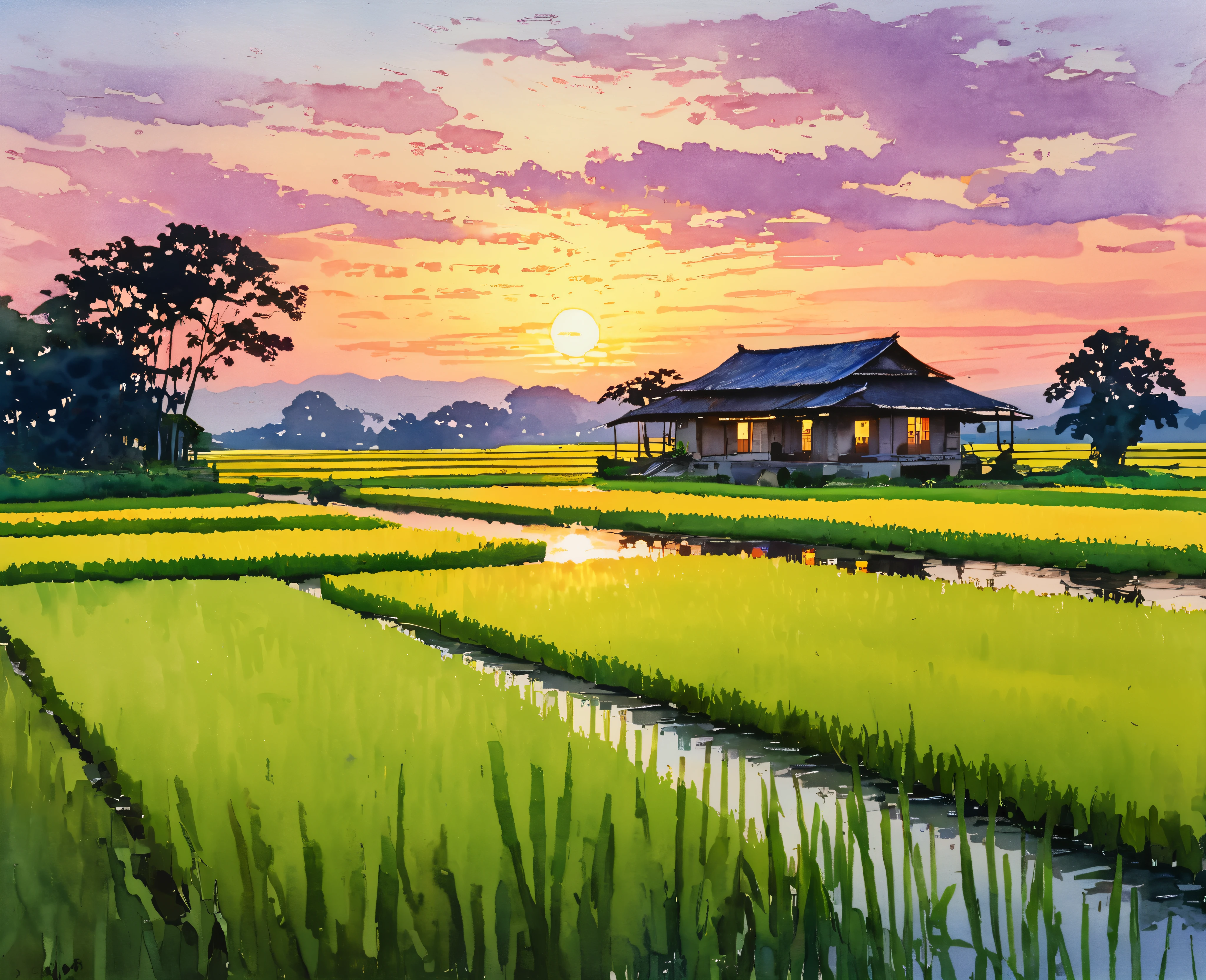 Impressionist watercolor landscape showing a rural residence set in (rice fields) , as the setting sun creates a multicolored canvas against the sky and reflects its brilliance on the surrounding foliage and calm water, ancient residence, calm river, sunset , vibrant sunsets, lush nature, twilight, beautiful textures, rich foliage, serene harmony, reflections in the water, warm color palettes, broad brush strokes, dreamy atmosphere, gradient skies, soft lighting, artistic impressions