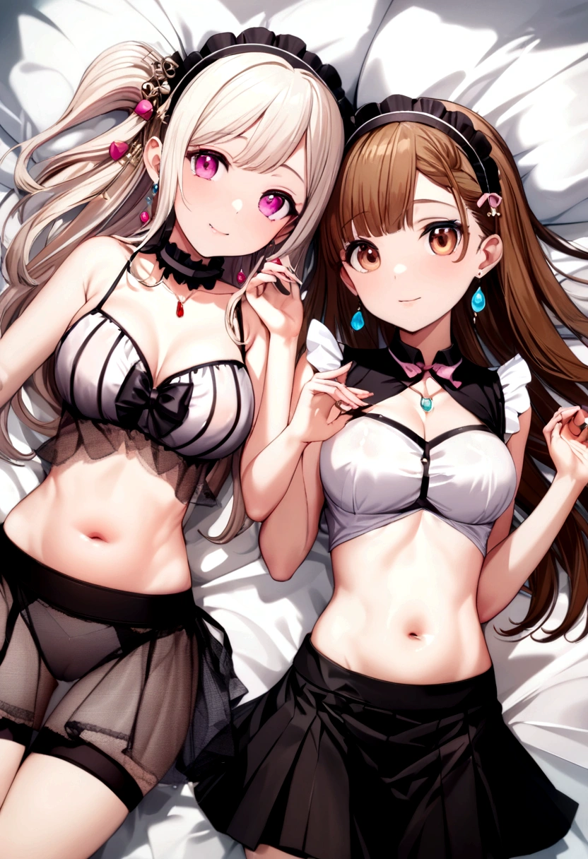 (2 young girls with long hair, Beautiful face and eyes and eyeliner,A delicate little face, pink eyes, Charming smile, (Maid cafe outfit with frilly, Sheer pleated mini skirt:1.5), Skirt turned inside out,(Transparent maid cafe costume with large open breasts and hollow:1.2), Sexy transparent underwear,Underwear exposed,Show belly button, Revealing sexy transparent white panties (very pretty girl), brown hair, Fashion hair accessories quality:1.4), (Extremely detailed),Pendants and earrings、 (Extremely detailed CG unified 8k wallpaper), Very detailed, High-resolution original color photos, Professional photography, Depth of Field, (Lying in bed)