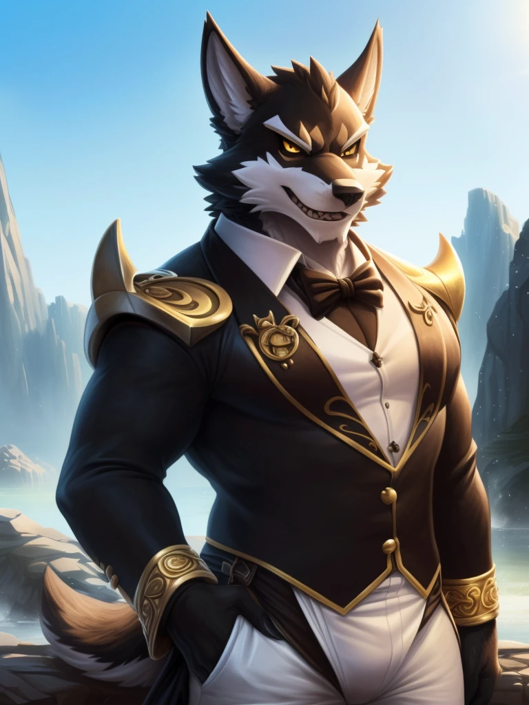 (SFW, 8K, obra maestra, high resolution, super fine illustration:1.3), (Hermoso, esponjoso:1.5), cold, perfect anatomy, antecedentes detallados, (solo, pelaje negro, 1 kemono de loba:1.5), (Fancy, elite adventurer, disfraz muy elegante:1.75), ropa ajustada, (pechos enormes:2.25), alto, (muslos gruesos, culo enorme:1.75), (gordo), (grueso, rechoncho:2.25), seguro, sonrisa afectada, seductor