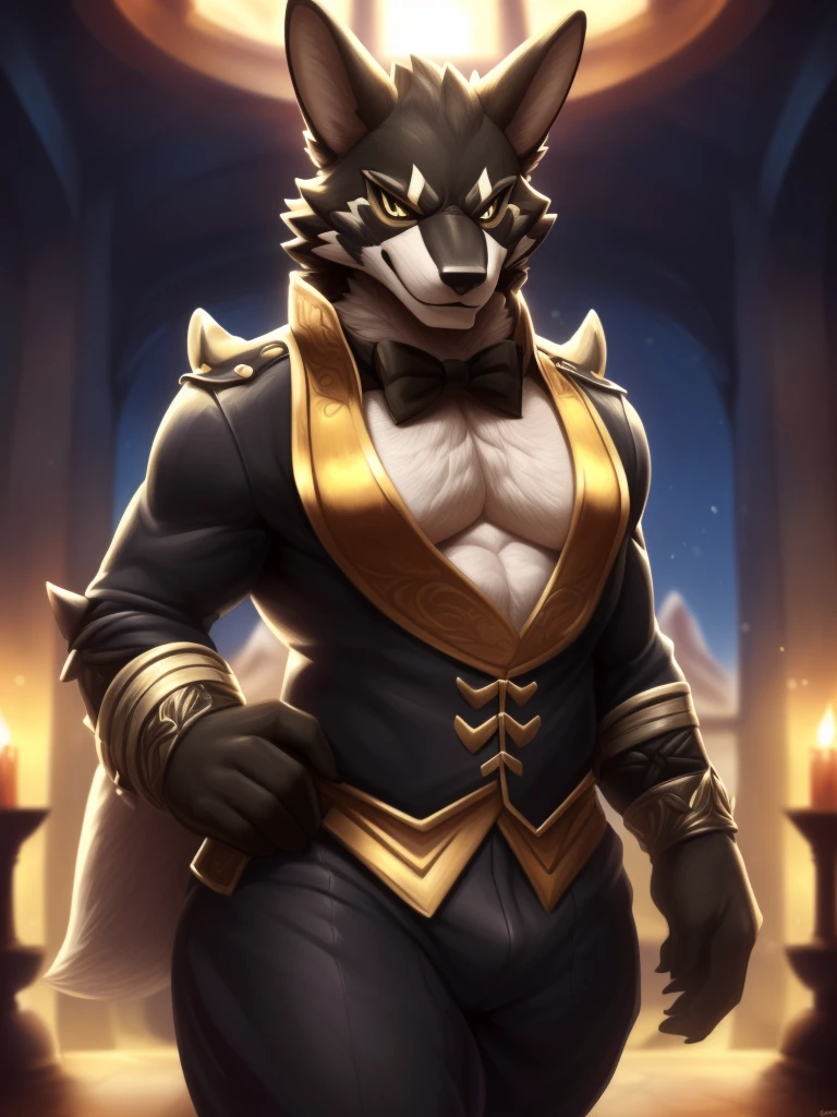 (SFW, 8K, obra maestra, high resolution, super fine illustration:1.3), (Hermoso, esponjoso:1.5), cold, perfect anatomy, antecedentes detallados, (solo, pelaje negro, 1 kemono de loba:1.5), (Fancy, elite adventurer, disfraz muy elegante:1.75), ropa ajustada, (pechos enormes:2.25), alto, (muslos gruesos, culo enorme:1.75), (gordo), (grueso, rechoncho:2.25), seguro, sonrisa afectada, seductor