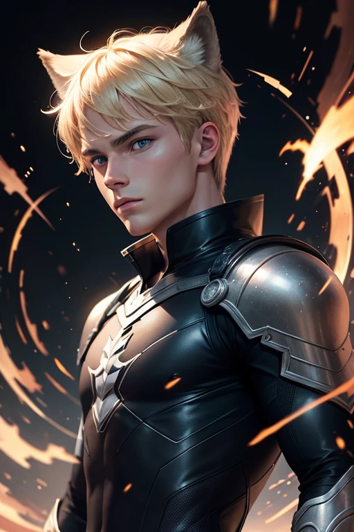 A blonde-haired, blue-eyed -yeld mawith blonde wolf ears, intricate detailed face and eyes, flawless skin, mysterious expression, sleek black bodysuit, cosmic energy swirling around, dark shadowy background, cinematic lighting, highly detailed, photorealistic, digital art, masterpiece