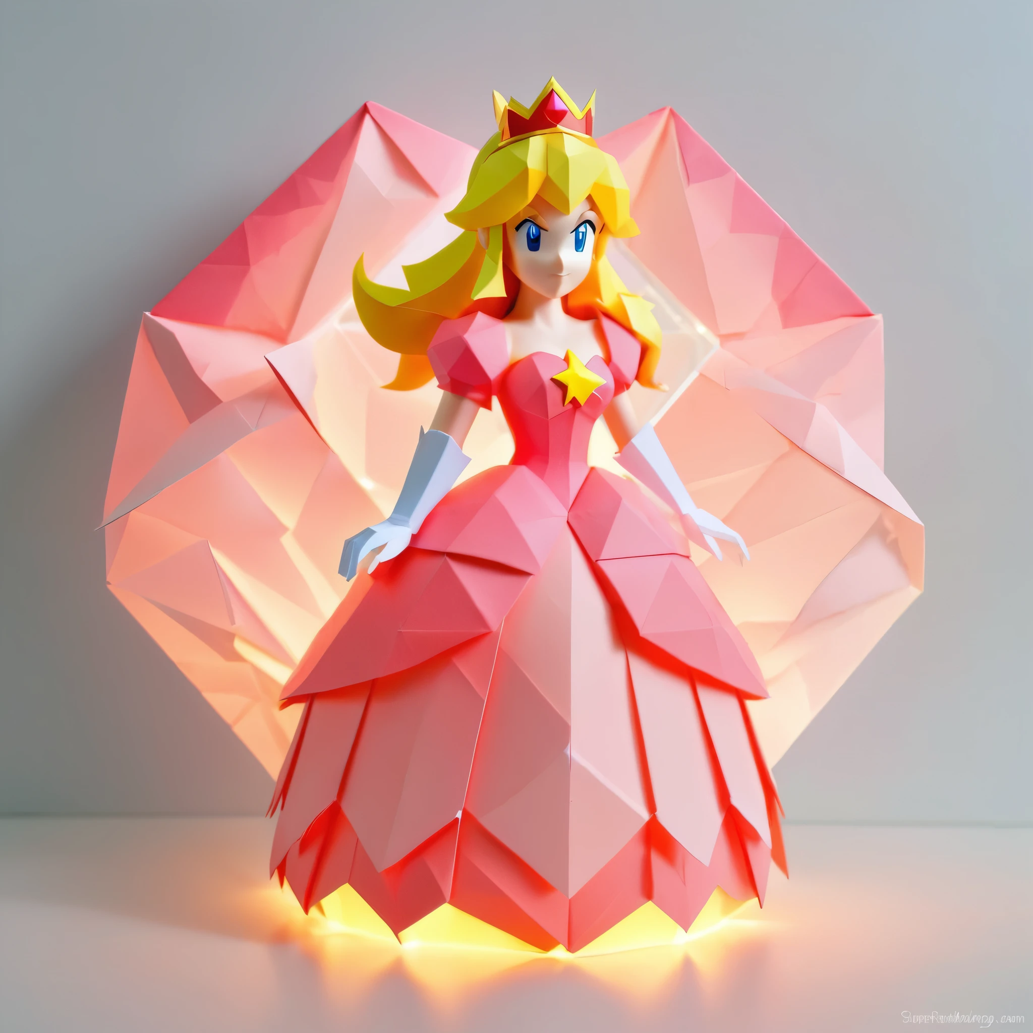 Create an amazing image of Princess Peach from Super Mario using the Glowing Origami art style