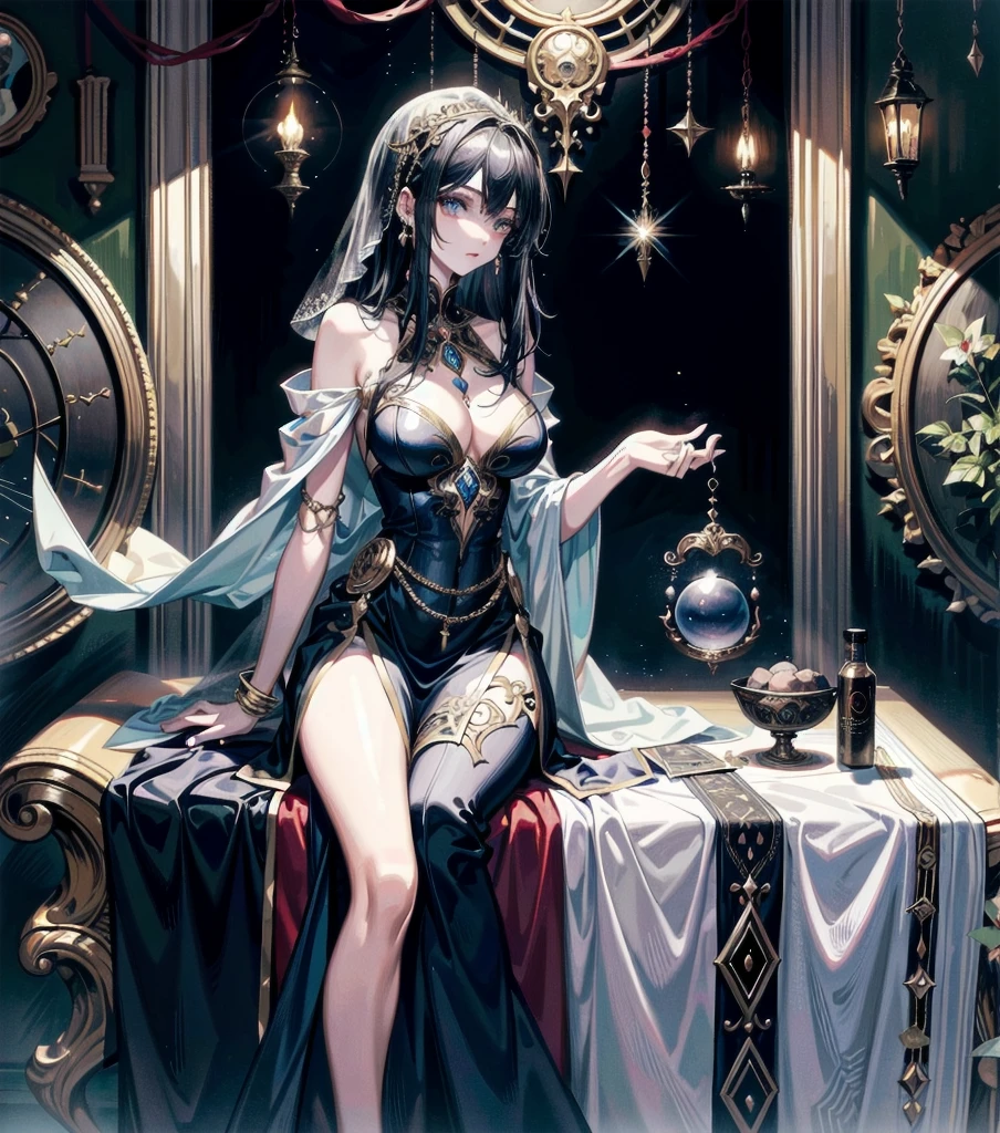absurdres, RAW photo, extremely delicate, extremely beautiful, masterpiece, Best Quality, ultra high resolution, 32k, hyperrealistic, ultra-detailed description, perfect , correct body, ideal ratio of body proportions, pale skin, 20 years old, detailed beautiful face, detailed beautiful face eyes, tearful mole, earring, medium hair, black hair, big , whole body shot, mystical fortune teller, elegant woman diviner, occult tarot reader, intricate ornate costume, mystic crystal ball, a magical occult fortune teller's mansion, old antique furniture, crystal ball, tarot cards, candlelight, 