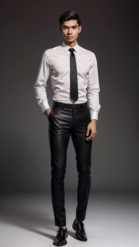 A captivating portrait of a thin Indonesian man with bald haircut, wearing a white shirt, black tie, black pants, and black leather shoes. This classic combination creates an elegant and professional impression, while radiating assertiveness in a simple yet charming style. The contrasting colors enhance the strong visual appeal.