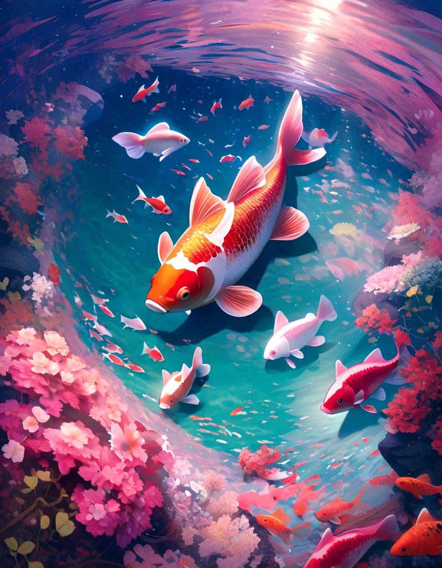 two pink fish swimming in a pool of clear water, pink reflections, floating koi fish, fishes swimming, fishes, koi fish, pink zen style, pink hues, fish swimming, koi fishes, pink vibe, koi colors, vibrant pink, koi, very aesthetic!!!!!!!!!!!!!!!, ( ( ( koi colors ) ) ), see fishes swimming, pinks, 🌺 cgsociety