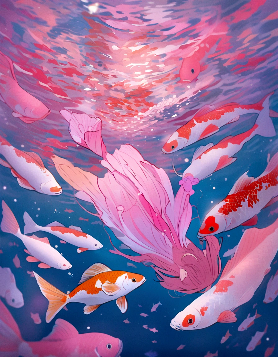two pink fish swimming in a pool of clear water, pink reflections, floating koi fish, fishes swimming, fishes, koi fish, pink zen style, pink hues, fish swimming, koi fishes, pink vibe, koi colors, vibrant pink, koi, very aesthetic!!!!!!!!!!!!!!!, ( ( ( koi colors ) ) ), see fishes swimming, pinks, 🌺 cgsociety