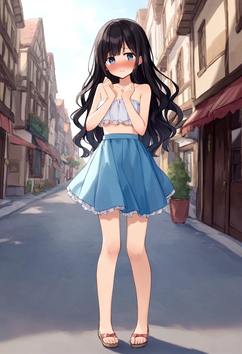 Cute beautiful girl、、Tube top、skirt(Embarrassed blush:1.5)、Open anus、Wavy Hair、Blue-black hair、Underless、In town