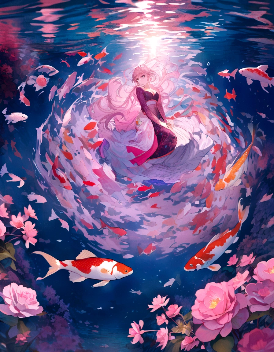 two pink fish swimming in a pool of clear water, pink reflections, floating koi fish, fishes swimming, fishes, koi fish, pink zen style, pink hues, fish swimming, koi fishes, pink vibe, koi colors, vibrant pink, koi, very aesthetic!!!!!!!!!!!!!!!, ( ( ( koi colors ) ) ), see fishes swimming, pinks, 🌺 cgsociety