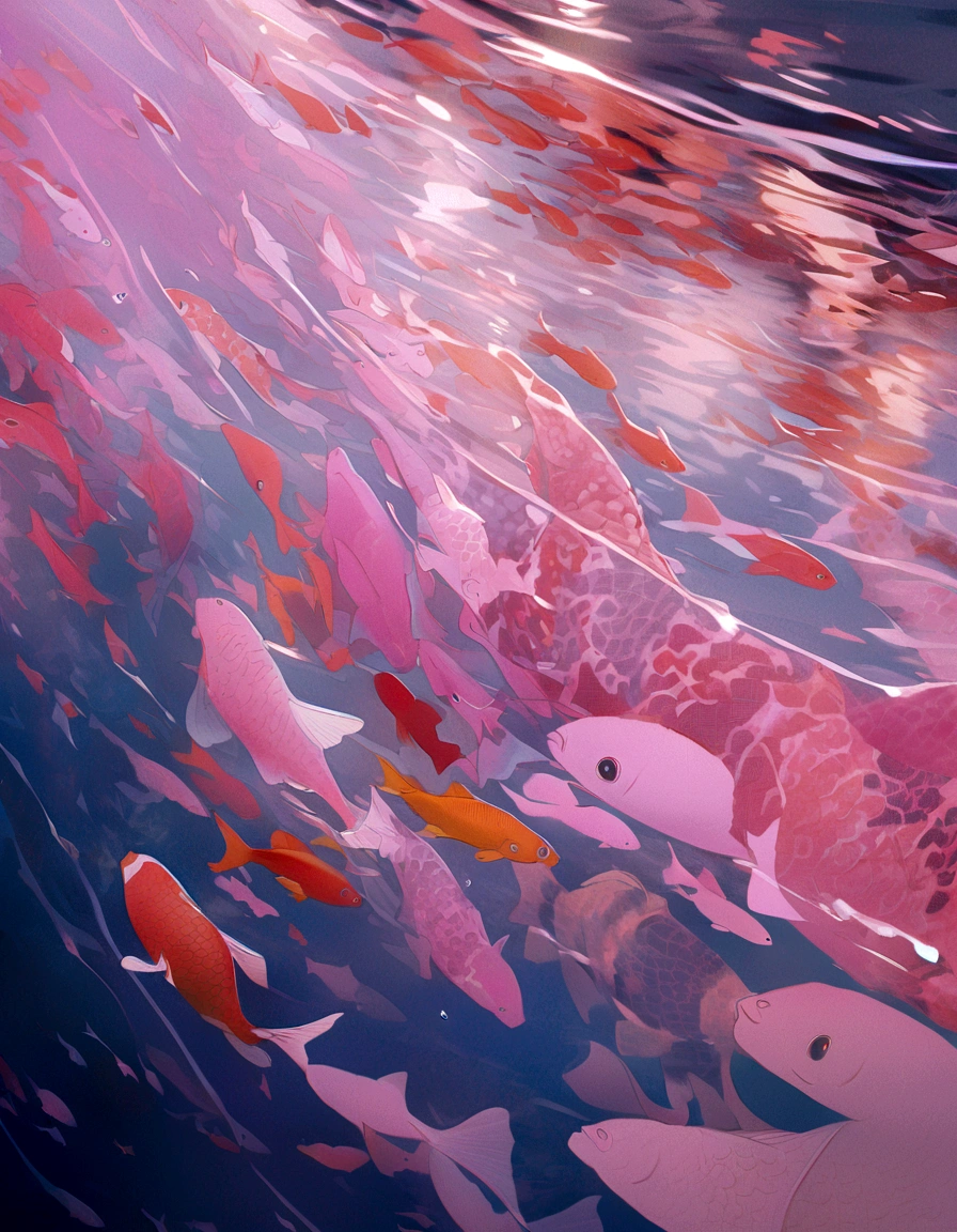 two pink fish swimming in a pool of clear water, pink reflections, floating koi fish, fishes swimming, fishes, koi fish, pink zen style, pink hues, fish swimming, koi fishes, pink vibe, koi colors, vibrant pink, koi, very aesthetic!!!!!!!!!!!!!!!, ( ( ( koi colors ) ) ), see fishes swimming, pinks, 🌺 cgsociety