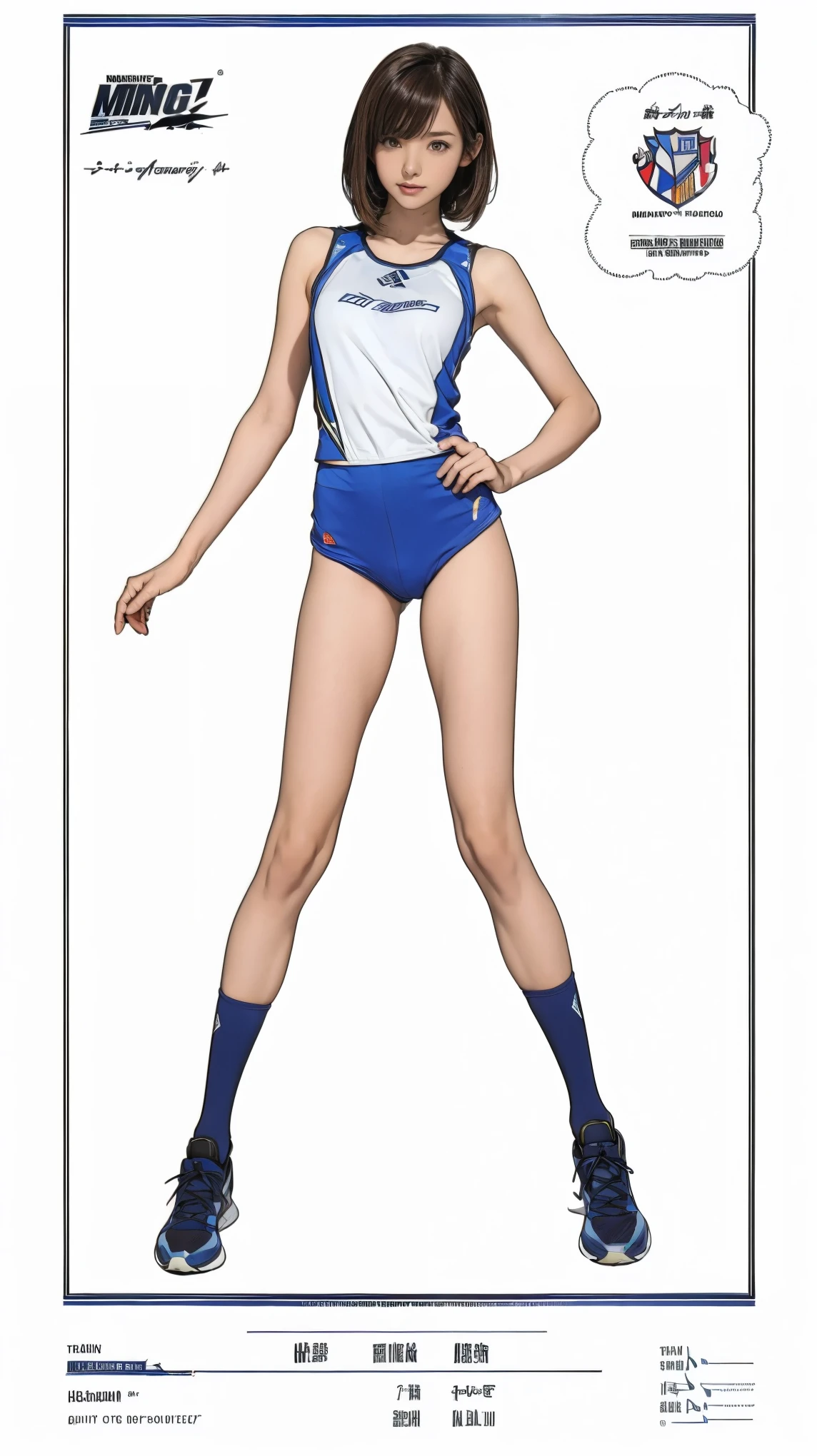 ((masterpiece)),(((highest quality))),((Character design sheet)),Thin thighs,Long legs,It's not a big deal ,Wearing a marathon uniform and marathon shoes