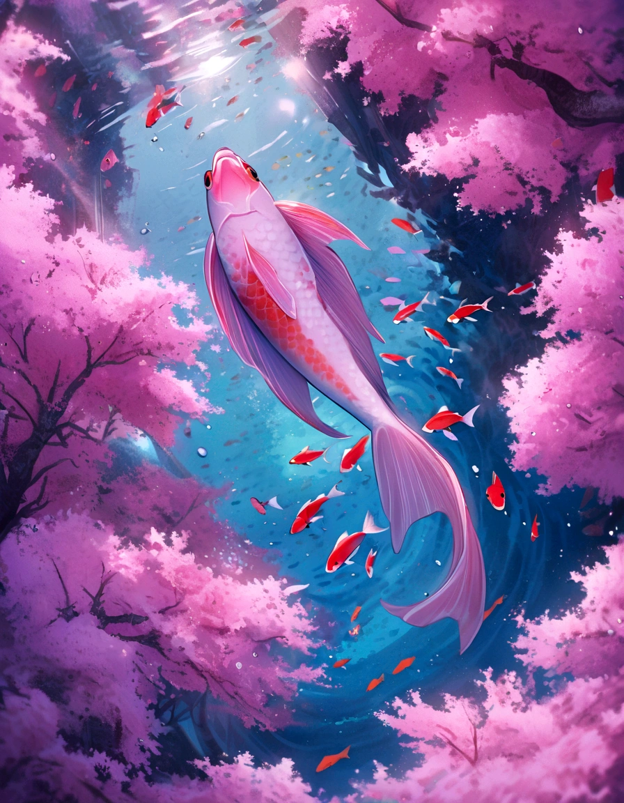 two pink fish swimming in a pool of clear water, pink reflections, floating koi fish, fishes swimming, fishes, koi fish, pink zen style, pink hues, fish swimming, koi fishes, pink vibe, koi colors, vibrant pink, koi, very aesthetic!!!!!!!!!!!!!!!, ( ( ( koi colors ) ) ), see fishes swimming, pinks, 🌺 cgsociety