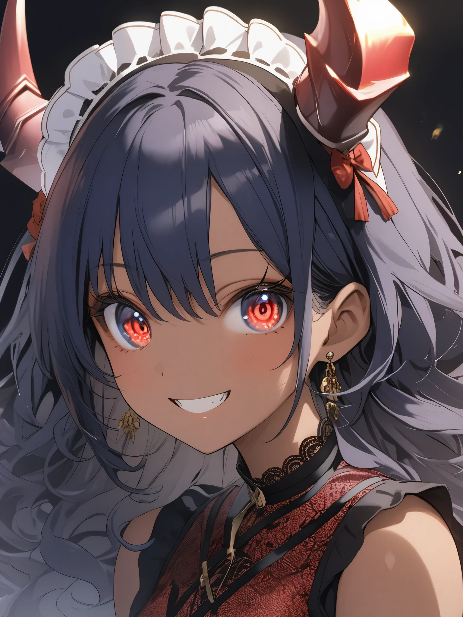 score_9, score_8_up, score_7_up, best quality ,masterpiece, 4k, Japanese anime, 1girl, (dark skin:1.2), navy blue hair, medium length hair, blue ribbon, drill hair, wavy hair, (mechanical dragonhorn:1.5), (mechanical wing:1.2), (eye lashes:1.3), (eye shadow:1.3), red eyes, (beautiful detailed eyes:1.4), cheerful grin, 130cm tall, original character, fantasy, (blackbackground:1.2), (full body:1.8), beautiful fingers, standing, (red black lace frill armor dress:1.5), (mechanical headdress:1.5) , shoot from front, looking at viewer ,