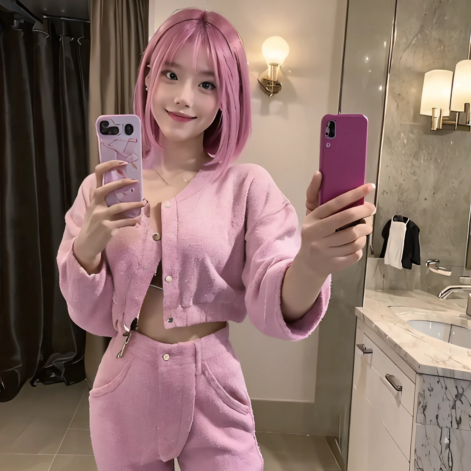 ((highest quality, 8K, masterpiece: 1.3)), 1 girl, Beauty that emphasizes slim abdominal muscles: 1.3, (casual hairstyle, super big: 1.4),super detailed face, delicate eyes, double eyelid, soft chest, full body,pink hair,bob style,charisma,street coordination,close_up,White background,Best Quality, 1 beautiful Japanese woman, standing in front of a full-length mirror taking a (selfie:1.5), making a playful pose with one foot raised and a cheeky grin, at a luxury europe hotel