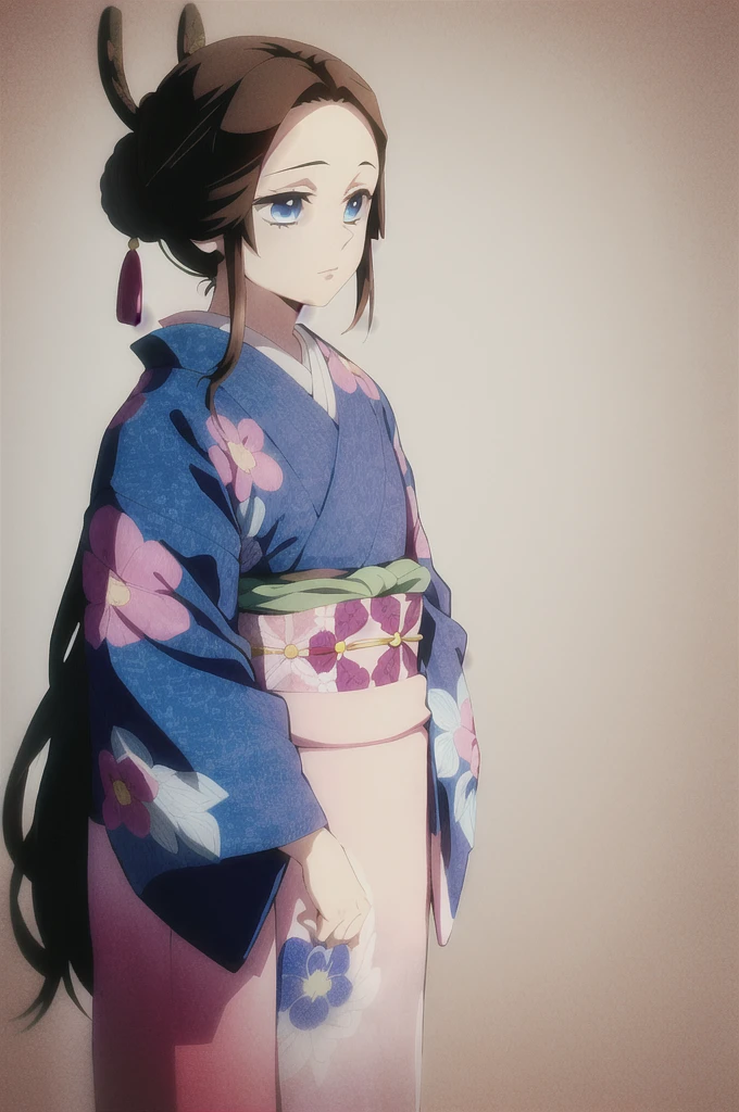 kimetsu no yaiba style,1girl, solo, japanese clothes, kimono, blue eyes, long hair, hair over shoulder, hair tied with a white ribbon, floral print, simple haori, brown hair, upper body, anime coloring,  ((masterpiece)) 