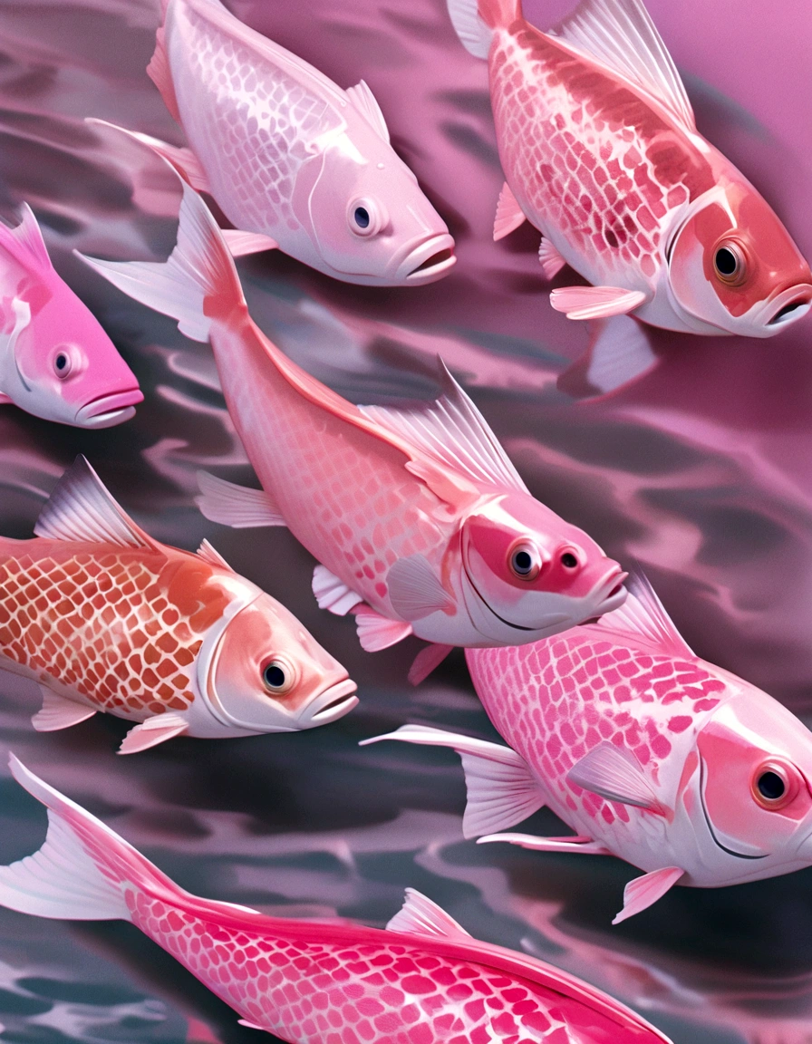 two pink fish swimming in a pool of clear water, a photorealistic painting by Anna Haifisch, tumblr, photorealism, pink reflections, floating koi fish, fishes swimming, fishes, koi fish, pink zen style, pink hues, koi fishes, fish swimming, pink vibe, koi colors, vibrant pink, koi, very aesthetic!!!!!!!!!!!!!!!