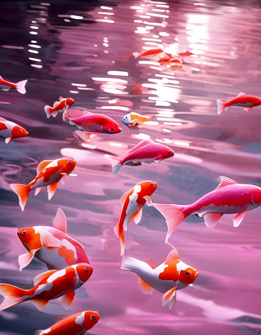 two pink fish swimming in a pool of clear water, a photorealistic painting by Anna Haifisch, tumblr, photorealism, pink reflections, floating koi fish, fishes swimming, fishes, koi fish, pink zen style, pink hues, koi fishes, fish swimming, pink vibe, koi colors, vibrant pink, koi, very aesthetic!!!!!!!!!!!!!!!