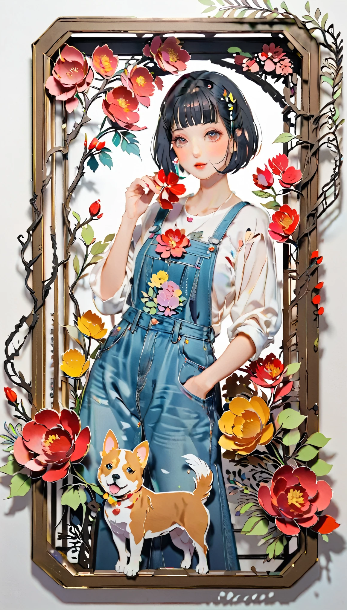 (((paper cutting style))), (frame of illustration is 3D paper cutting: 1.2), (colorful), 1 girl, black short hair, bob cut, denim, shirts, 1 dog with girl