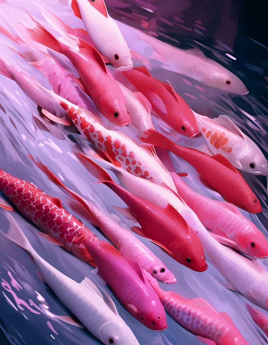 two pink fish swimming in a pool of clear water, a photorealistic painting by Anna Haifisch, tumblr, photorealism, pink reflections, floating koi fish, fishes swimming, fishes, koi fish, pink zen style, pink hues, koi fishes, fish swimming, pink vibe, koi colors, vibrant pink, koi, very aesthetic!!!!!!!!!!!!!!!