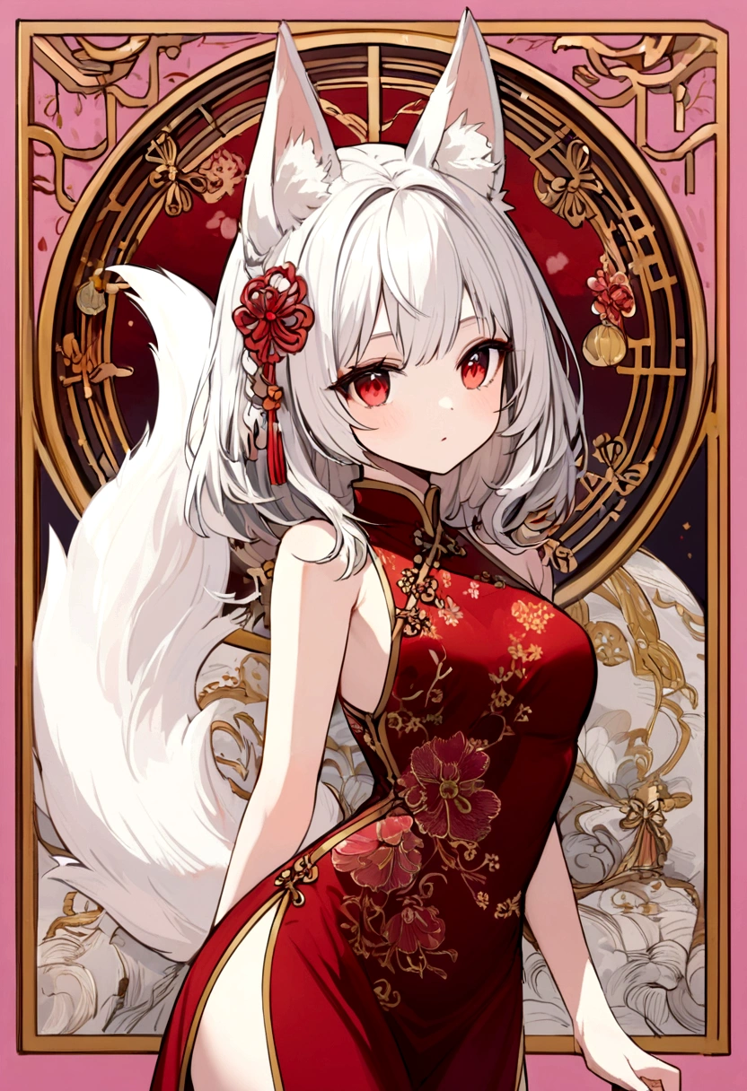 The girl has short white hair, red eyes, white fox ears with pink borders, a red Chinese dress with yellow borders, and a white and pink tail.