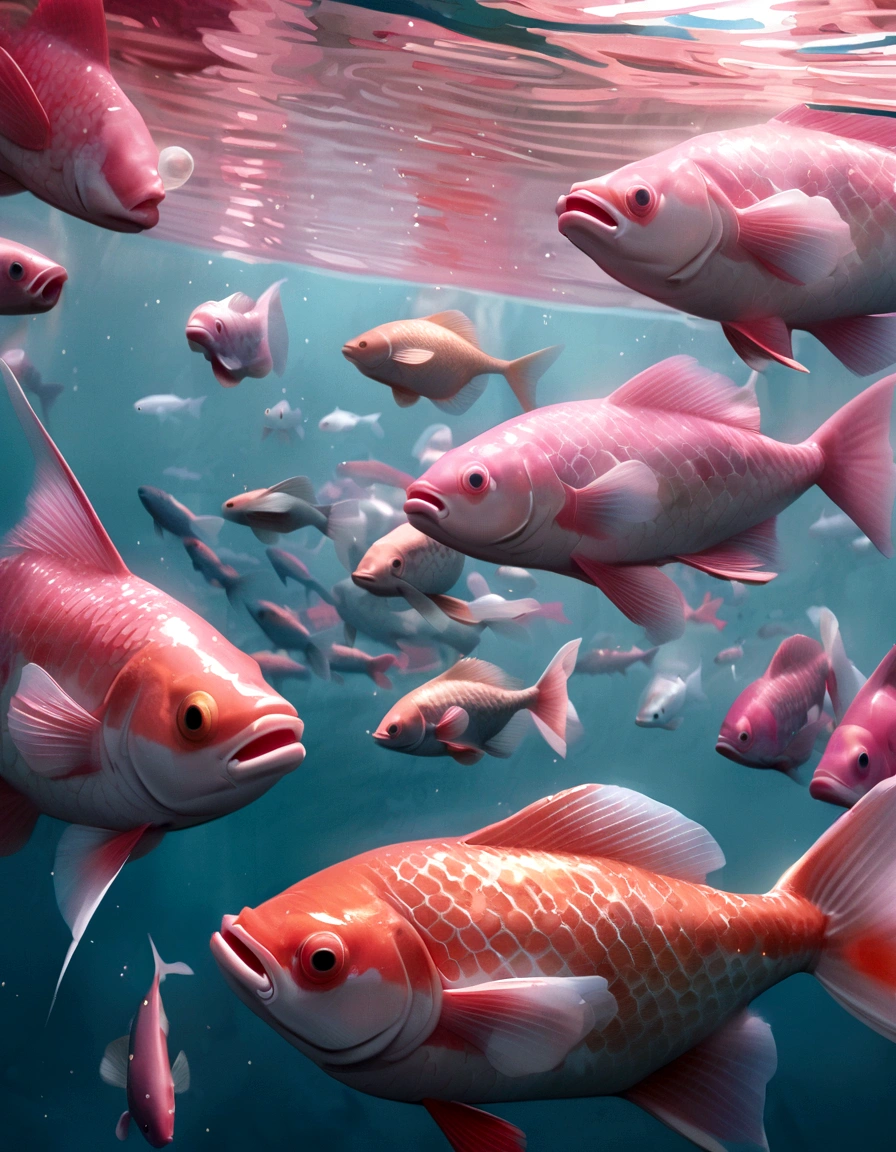 two pink fish swimming in a pool of clear water, a photorealistic painting by Anna Haifisch, tumblr, photorealism, pink reflections, floating koi fish, fishes swimming, fishes, koi fish, pink zen style, pink hues, koi fishes, fish swimming, pink vibe, koi colors, vibrant pink, koi, very aesthetic!!!!!!!!!!!!!!!