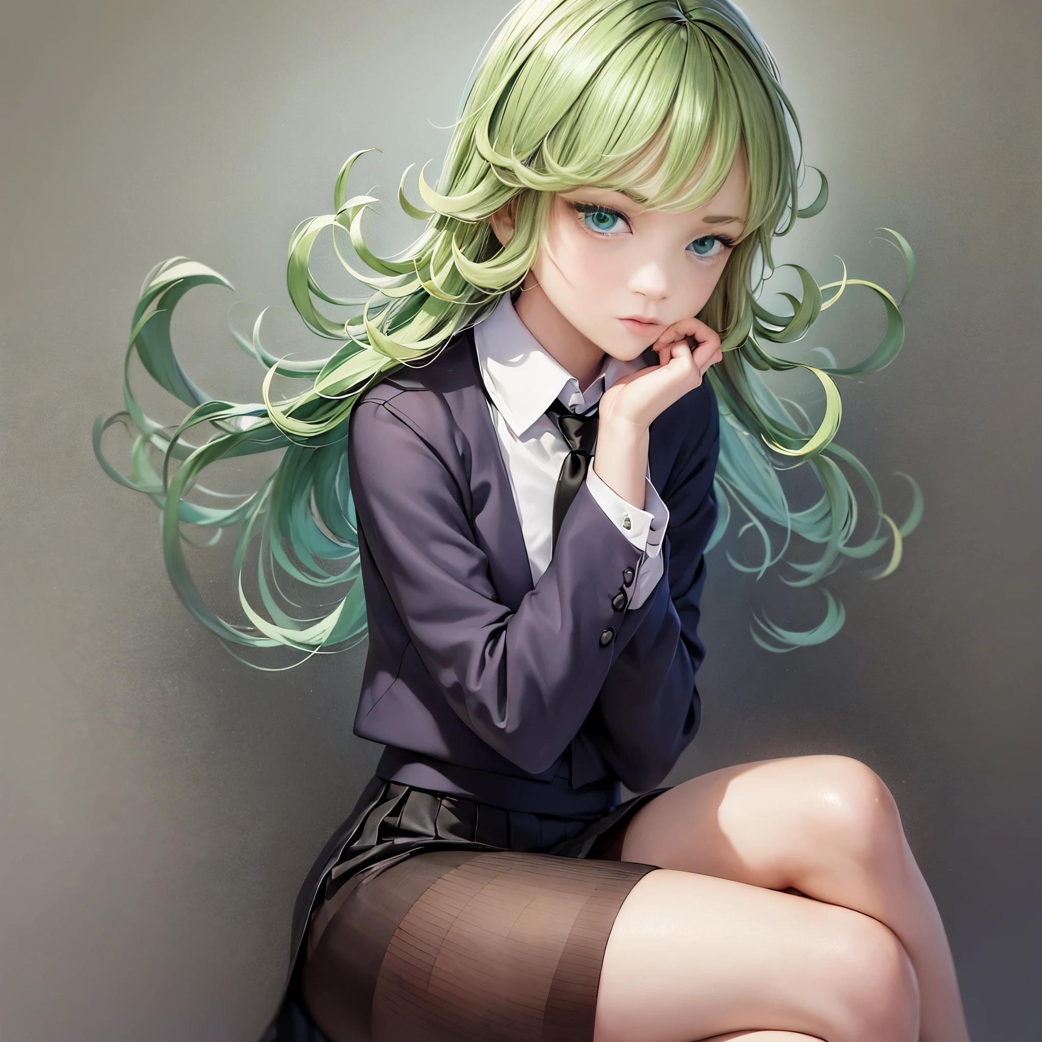 (masterpiece, best quality:1.2), solo, 1girl, tatsumaki, unamused, closed mouth, looking at viewer, hand on own face, sitting, crossed legs, collared shirt, necktie, skirt,green hair, green eyes,big thighs 