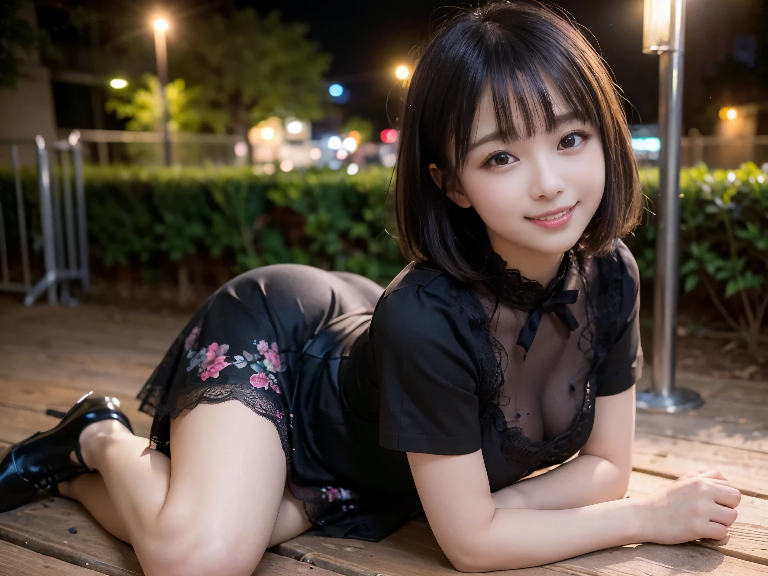 (highest quality, masterpiece, Ultra-high resolution, 8k, RAW Photos, Realistic, Anatomically correct:1.5), (Stainless steel round bar fence:1.0, Put your elbow on the fence:1.2, Short Bob Cut, 20-year-old girl:1.2, Embarrassing, avert your eyes, blush:1.0, View Viewer, Outside the waterfront, Light:1.2, シティLight, Bokeh, Cinema Lighting:1.0, Depth of written boundary, sharp、Idol、smile、Black short sleeve lace top、Black tulle skirt、Black clothing、”dwarf”、(Floral clothes)、Full Body Shot、