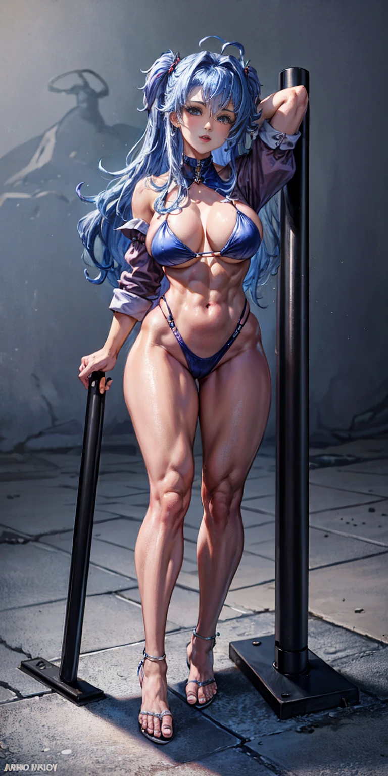 full body toe to head, masterpiece, 1soloMILF BIMBO standing loincloth pose, leather collar choker neck bell shackles wristbands bracers bracelets sleeves and stockings, strong body, abs, shiny skin (masterpiece, best quality) (plain background) - Helena Azur Lane (Bondage Pole)