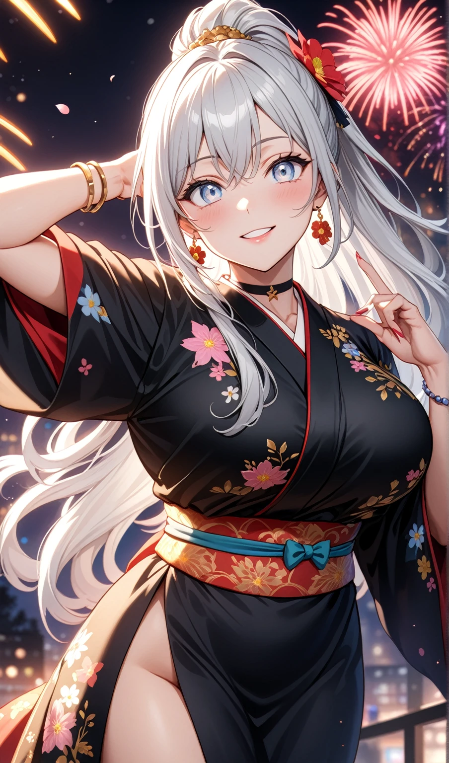 ((one personの女性)), Beautiful Face,((Wink:1.8)),(a woman making a cute hand sign. She is placing both hands on her head, with a playful smile),(Bright red cheeks:1.4),Laughing embarrassedly,Laughing with your mouth open,Glossy pink lips,Lighting on the face,night,night景の見える屋上,Colorful fireworks,((Anime style background)),masterpiece, highest quality, so beautiful, Latest, Complex details, (Pink long nails),(ring),(bracelet),(choker),AI-generated, Complex,High resolution, highest quality, super high quality,3D Images、View your viewers、3D Images,one person,Long white hair,High Ponytail,(blue eyes),Anime woman posing for a photo, ((Fine grain、Silvery white colorful eyes、Shining Eyes:1.2)),(Squint your eyes:1.1),a hyperRealistic , hyperRealistic , Realistic,Anime woman with long and white hair, Smooth anime CG art, A woman in a colorful kimono with gold embroidery, (Black kimono),Red floral pattern,Long flower hair ornament,Big earrings,Mature Body,(Big Breasts:1.2),Tall,Abdominal muscles,Narrow waist,(Zoom in on face:1.1),