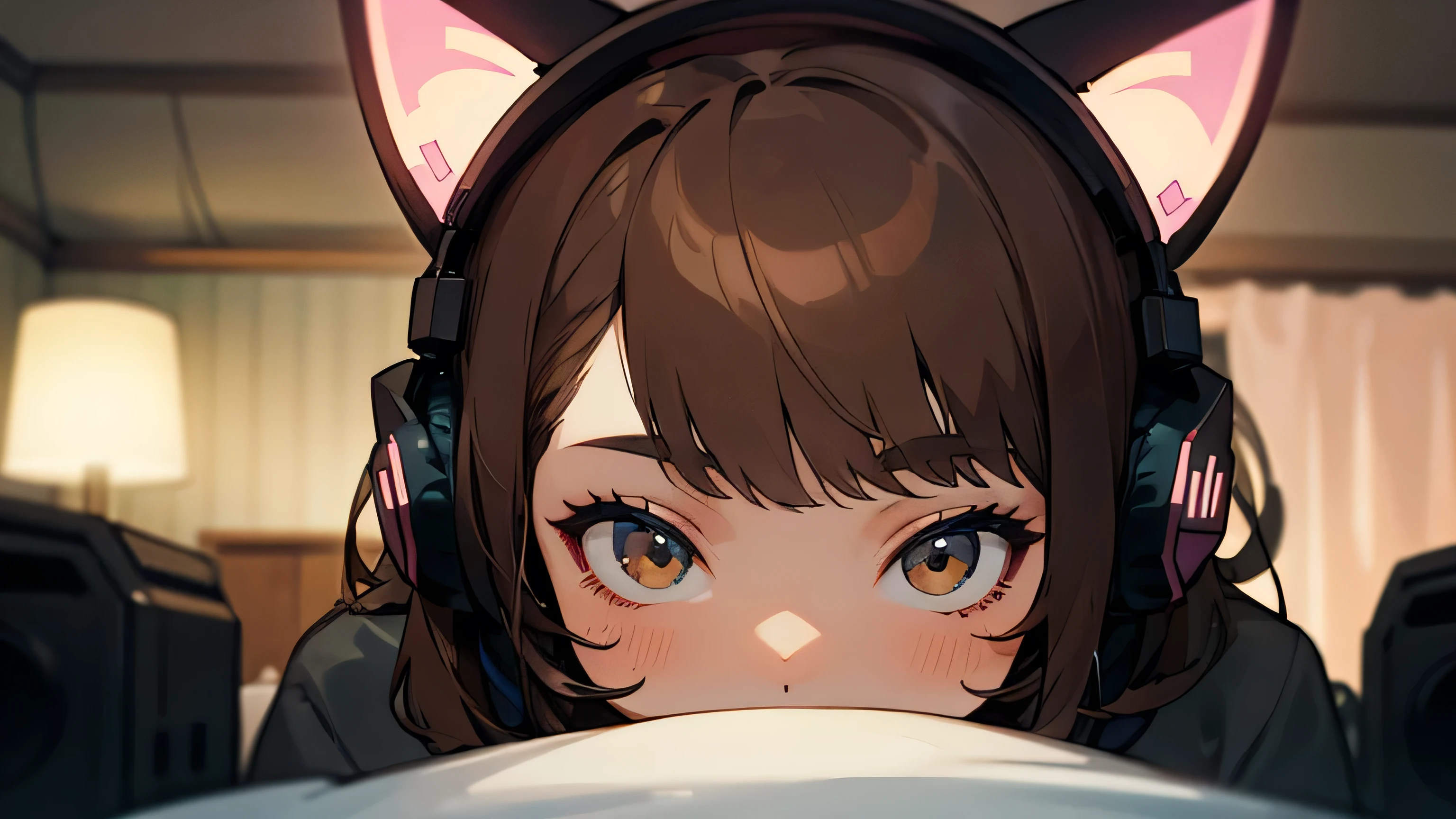 Room with speakers、Cat with headphones、Face close-up、night、Brown Hair、