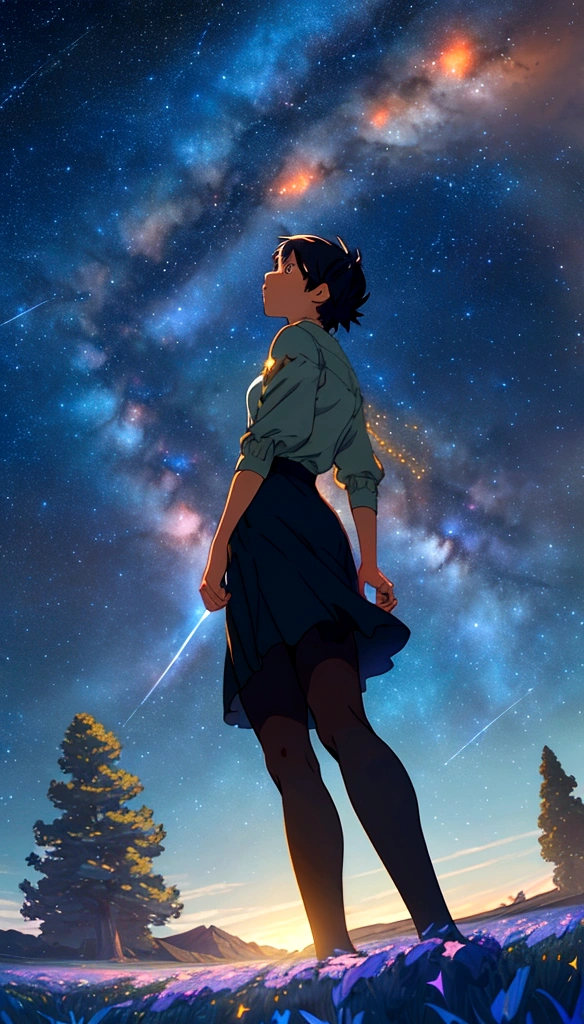 Makoto Shinkai, Vast landscape photography , (View from below,Shows the sky above and the open space below), A girl standing in a flower field looking up, ( meteor:0.9), (Star Cloud:1.3), Fir Mountain, Treebreak Production Art, (Stars Daytime Sky:1.2), (fire Fly:1.2), Starry Sky