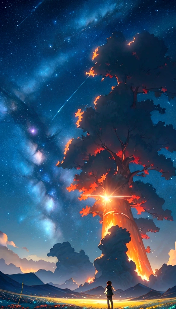 Makoto Shinkai, Vast landscape photography , (View from below,Shows the sky above and the open space below), A girl standing in a flower field looking up, ( meteor:0.9), (Star Cloud:1.3), Fir Mountain, Treebreak Production Art, (Stars Daytime Sky:1.2), (fire Fly:1.2), Starry Sky