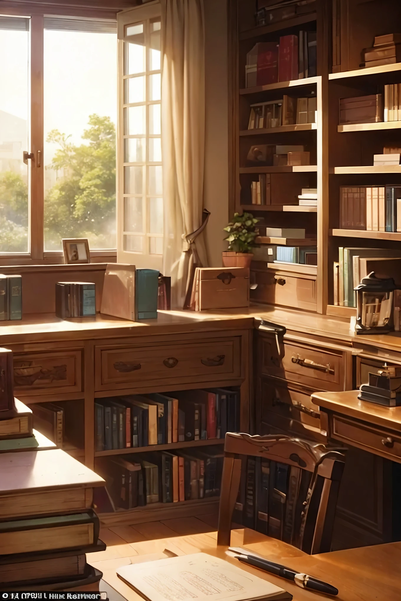 In the heart of a snug study or library, a wooden desk anchors the scene, strewn with several books of assorted sizes and hues, their spines bound together in a symphony of knowledge. Handwritten notes, sticky notes, and notepads are littered around the books like scattered thoughts, a testament to the mind at work. Pens, pencils, highlighters, and a coffee mug filled with a steaming drink complete the stationery ensemble, adding an air of productivity. Warm, inviting lighting filters in from a desk lamp or sunlight trickling through a window, bathing the scene in an amber glow. Bookshelves stand sentinel behind the desk,