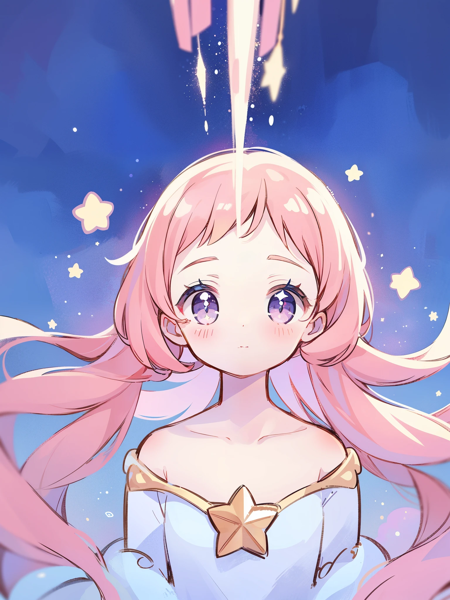 complex background, wishing star background, magical girl wearing an ethereal mystical pink translucent dress that reflects the stars, close up, sparkling detailed eyes, golden ratio face, perfect composition, perfume promo art, mystic, complex drawing, highly detailed, Covergirl brand, promo art, artistic rendition, ethereal, starry night, midjourney style
