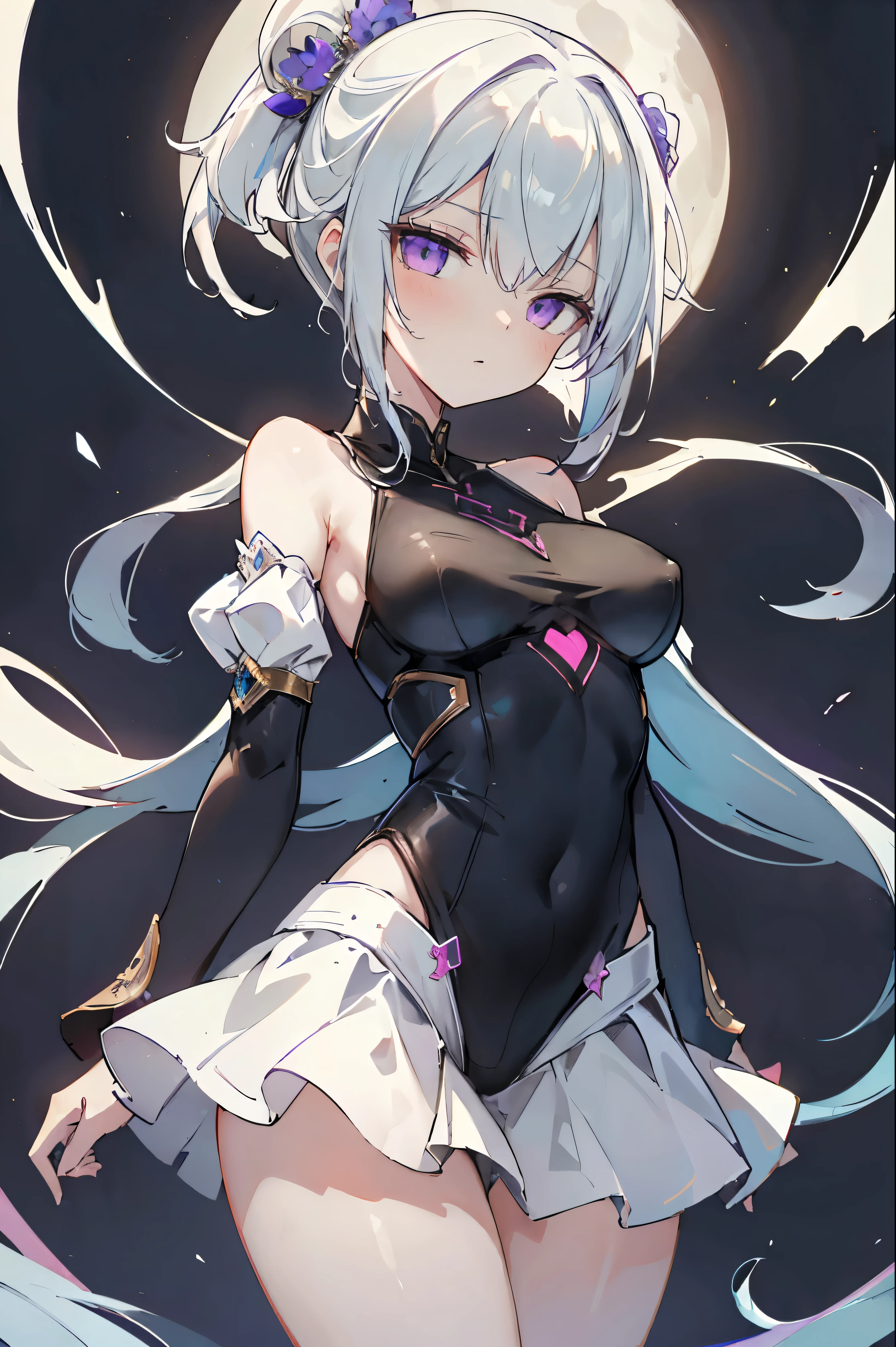1girl, anime, cute girl, blank background, white background, fantasy, detailed fantasy dress with highlights, beautiful face, beautiful eyes, dark colors, black hair with multicolor streaks, red eye with different color pupil in eye, multicolor eye, medium breasts, slight cleavage, beautiful skin, cute, breast curtains, extremely delicate and beautiful, (beautiful detailed face:1.0), (detailed deep eyes), symmetrical breasts, deep eyes, shiny skin, portrait, slender waist, hips wider than shoulders, thighs, expressionless, young girl, luminous eyes, adorable,(Kpop idol),(aegyo sal:1),(Platinum blonde hair:1),((puffy eye)),Black panty,sexy posture,Superskirt, Ultra-high resolution,Black collar,slim figure, Abdominal y tattoo, womb tattoo,Tight-fitting leg ring,y tattoo on half-body,Bare skin, Armored hand,Hidden fingertips,Hand covered,Arm covered,Fist covered,{{beautiful detailed fingers}}, tufts of hair, moderate beautiful breast:1.0,(masterpiece:1.2), best quality, high-res, HDR, perfect face, intricate armor, delicate blue filigree, intricate filigree, red metalic parts, detailed part, dynamic pose, dynamic lights, cute face, neutral expression, shuimobysim, lotus, hanfu, maxi skirt, dress conservatively 1girl, solo, long blue hair, standing, One lady,14years,((White hair) ,(Shiny purple bodysuit with microskirt),((Fantasy, Moon Night)), gradient_eyes,