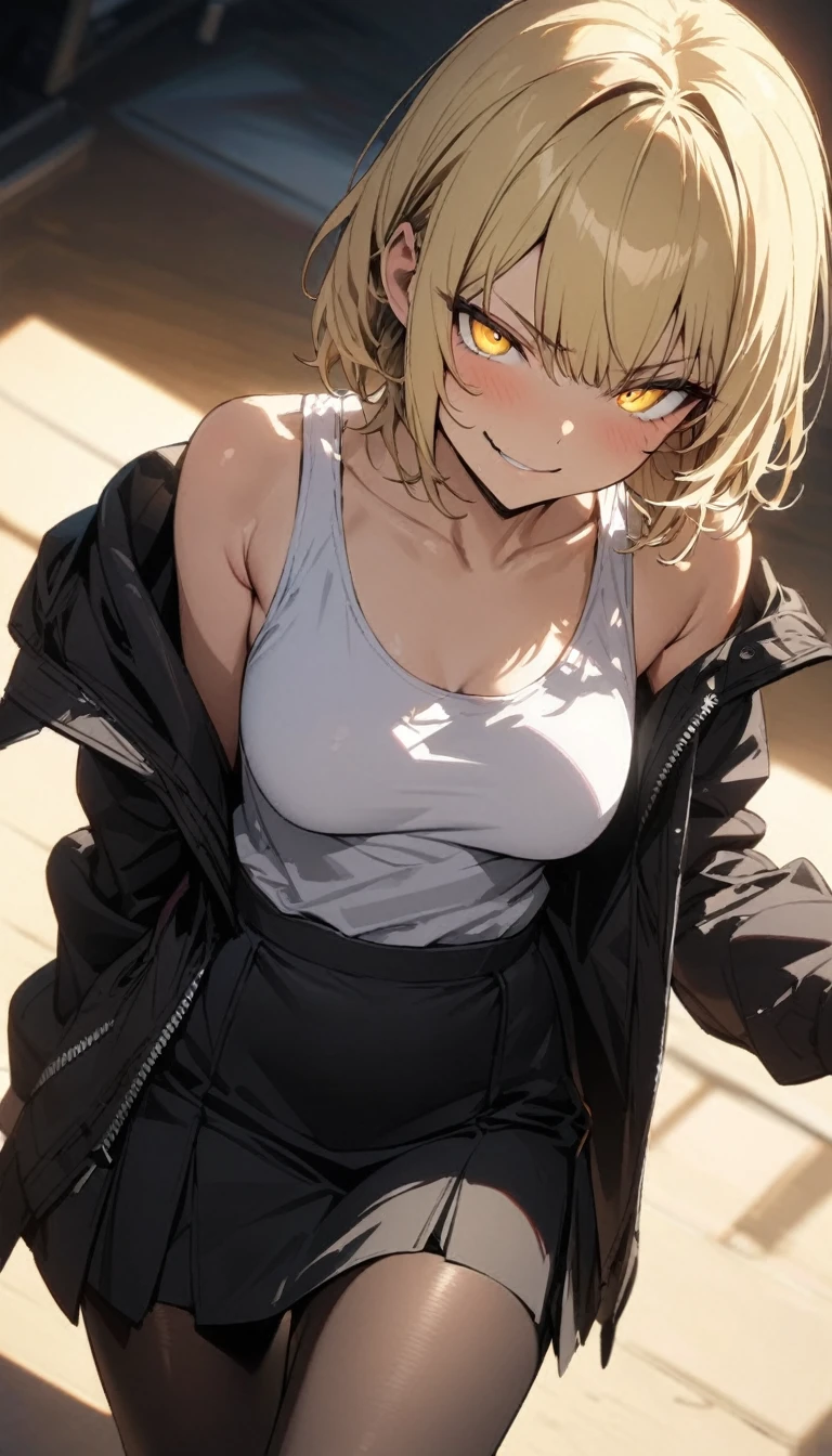 a handsome girl, solo, blond hair, yellow eyes, bright eyes, bangs, off shoulder,  shoulders, open jacket, tank top, BREAK (black skirt, black tights:1.5), smirk, blurry background, extremely detailed face, perfect lighting, extremely detailed, masterpiece, best quality