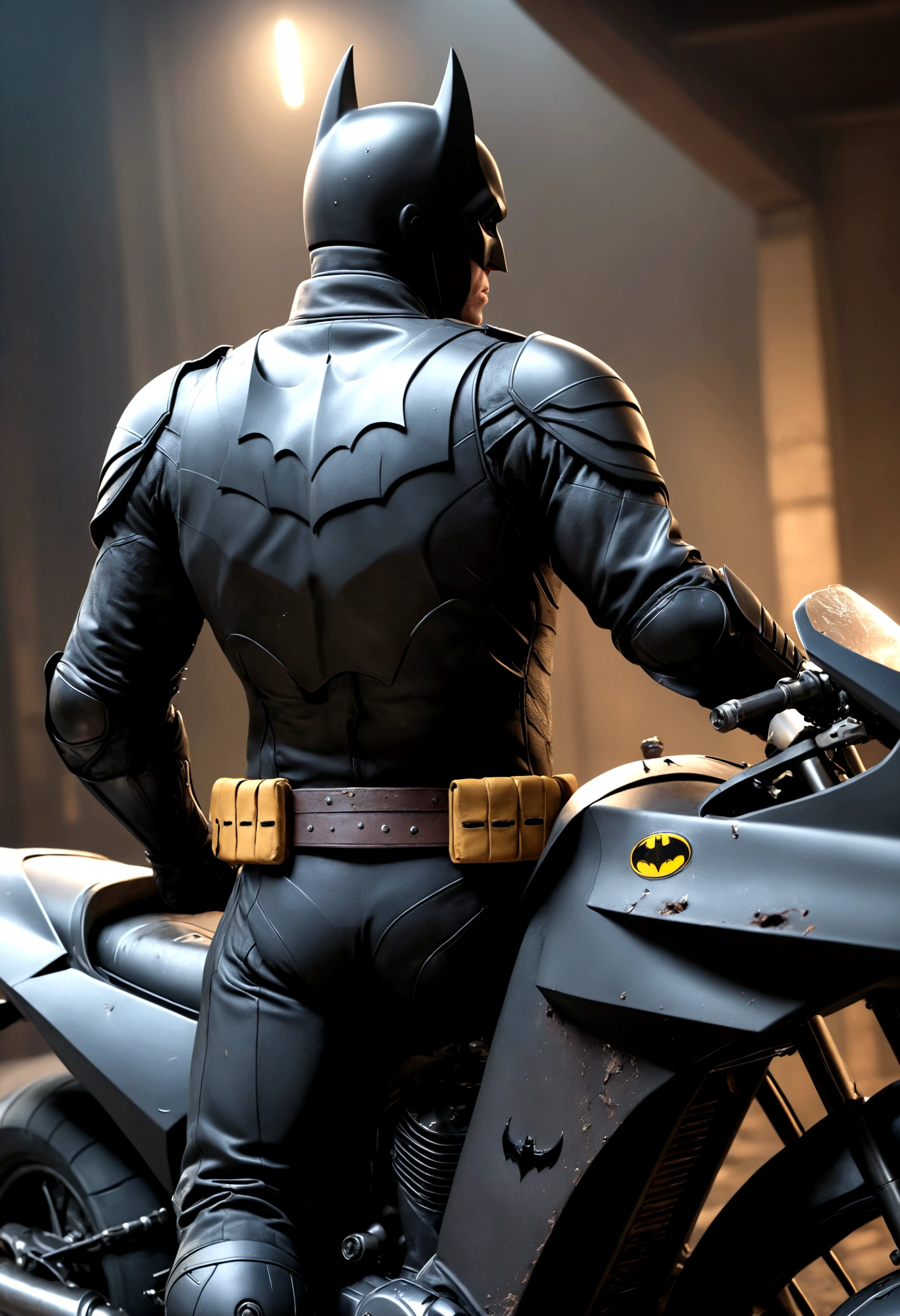 A Batman in a damaged uniform, riding a Bat motorcycle, viewed from behind, preparing to leave, (best quality,4k,8k,highres,masterpiece:1.2),ultra-detailed,(realistic,photorealistic,photo-realistic:1.37),dark brooding atmosphere, gritty realistic style, moody lighting, dynamic pose, intricate details, highly detailed Bat motorcycle, worn and scuffed uniform, intense focused expression