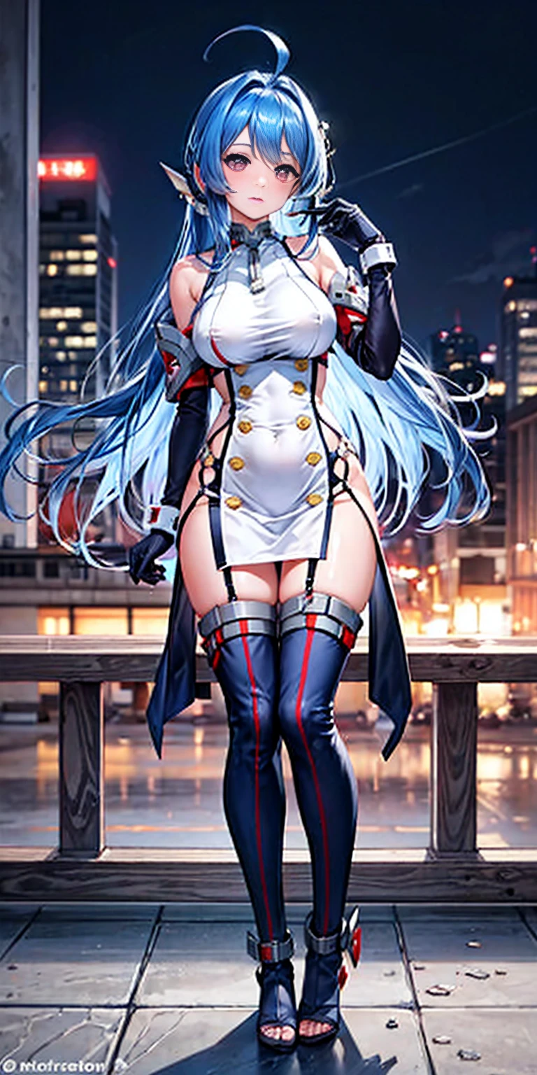 full body toe to head, masterpiece, 1soloMILF BIMBO standing - Helena Azur Lane - helena_(retrofit)_(azur_lane),multicolored dress,microdress,buttons,blue thighhighs,double-breasted,taut dress,garter straps,short dress,underboob cutout,device