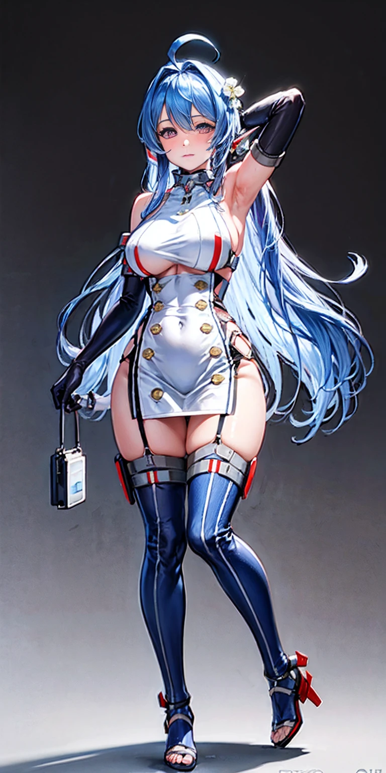 full body toe to head, masterpiece, 1soloMILF BIMBO standing - Helena Azur Lane - helena_(retrofit)_(azur_lane),multicolored dress,microdress,buttons,blue thighhighs,double-breasted,taut dress,garter straps,short dress,underboob cutout,device