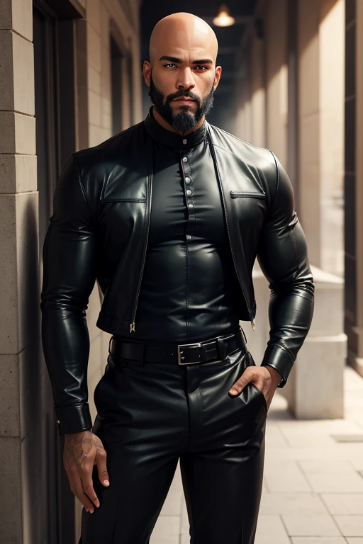 He is black, bald, black eyes, sparse beard 1,80 tall wearing a leather blouse and black pants