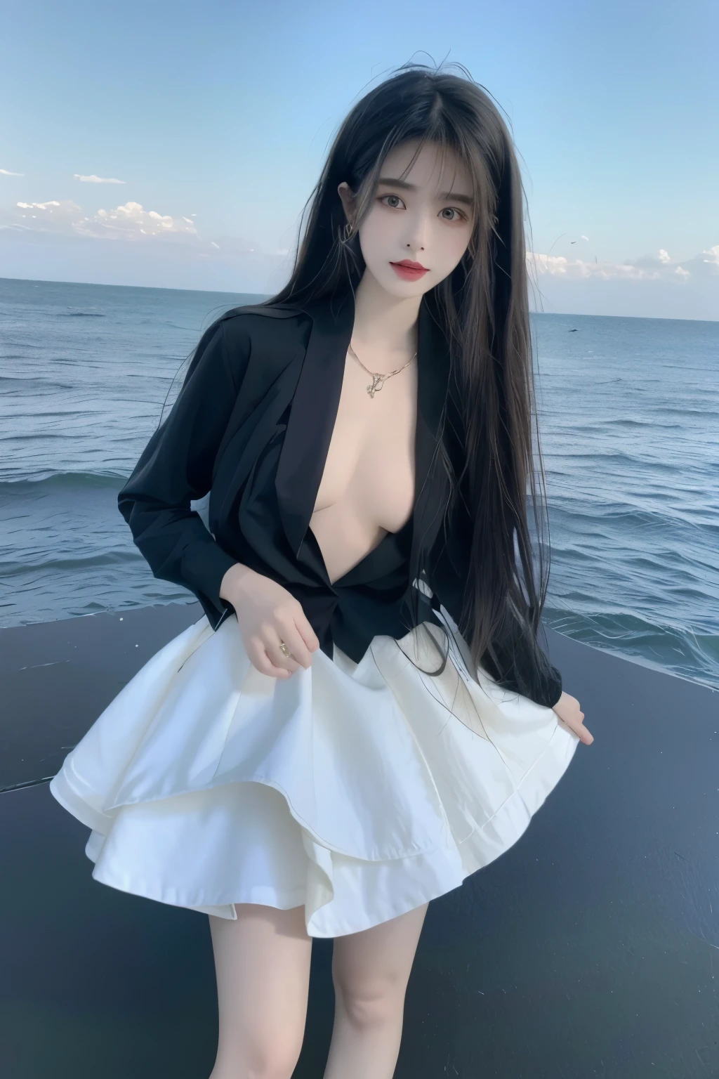Beautiful woman with perfect body：1.4，Prominent cleavage，Layered Hairstyle，Highly detailed face and skin textures，Double eyelids，Skin Whitening，Long hair，Whitened long legs，（Uniforms，necklace），Standing by the sea，Half-length photo